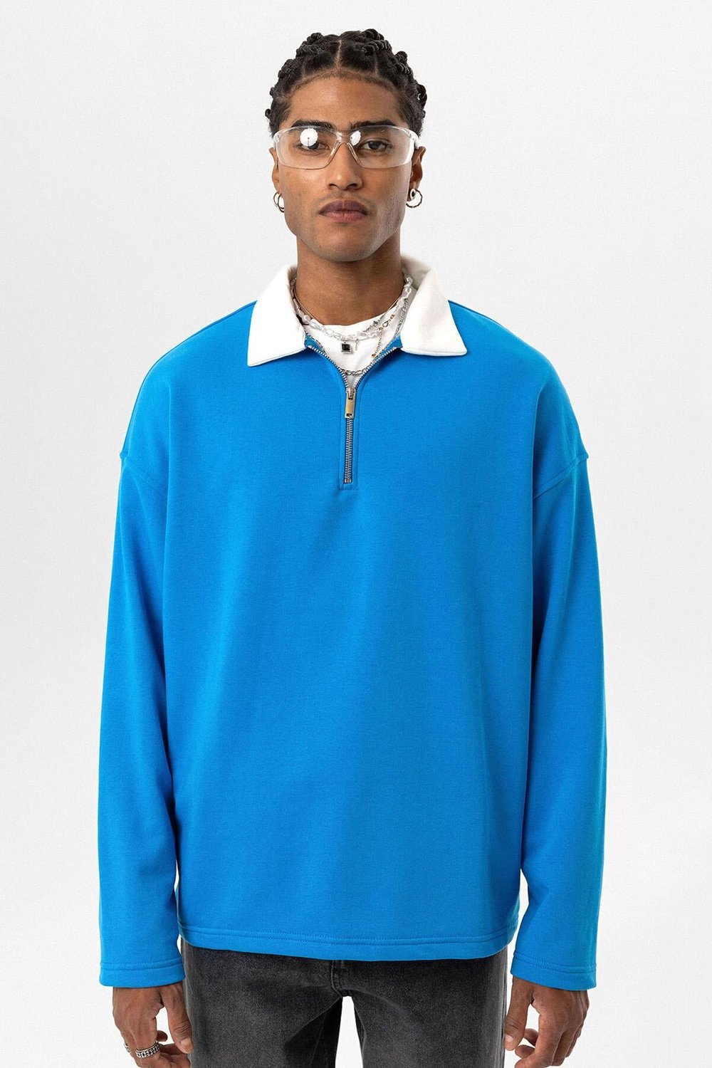 Basıc Polo Yaka Fermuar Detaylı Sweatshirt Turkuaz