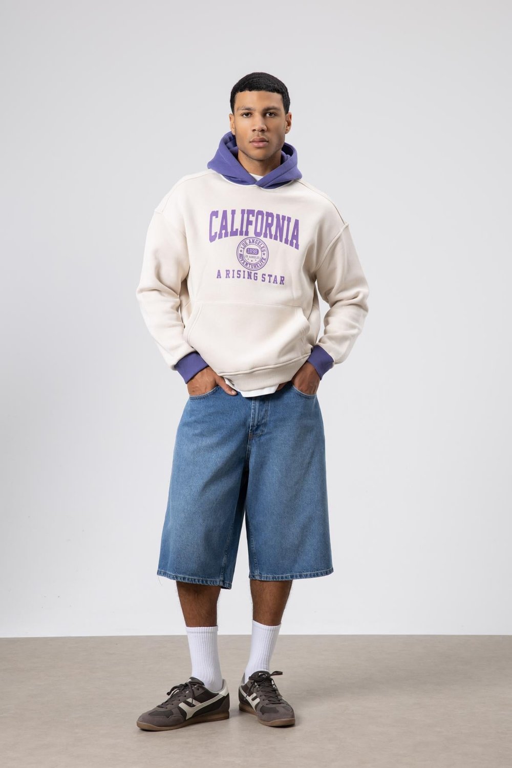 Çift Renk Baskılı Oversize Sweatshirt Taş