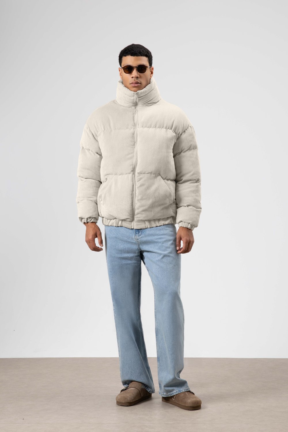 Oversize Kadife Şişme Mont Ekru