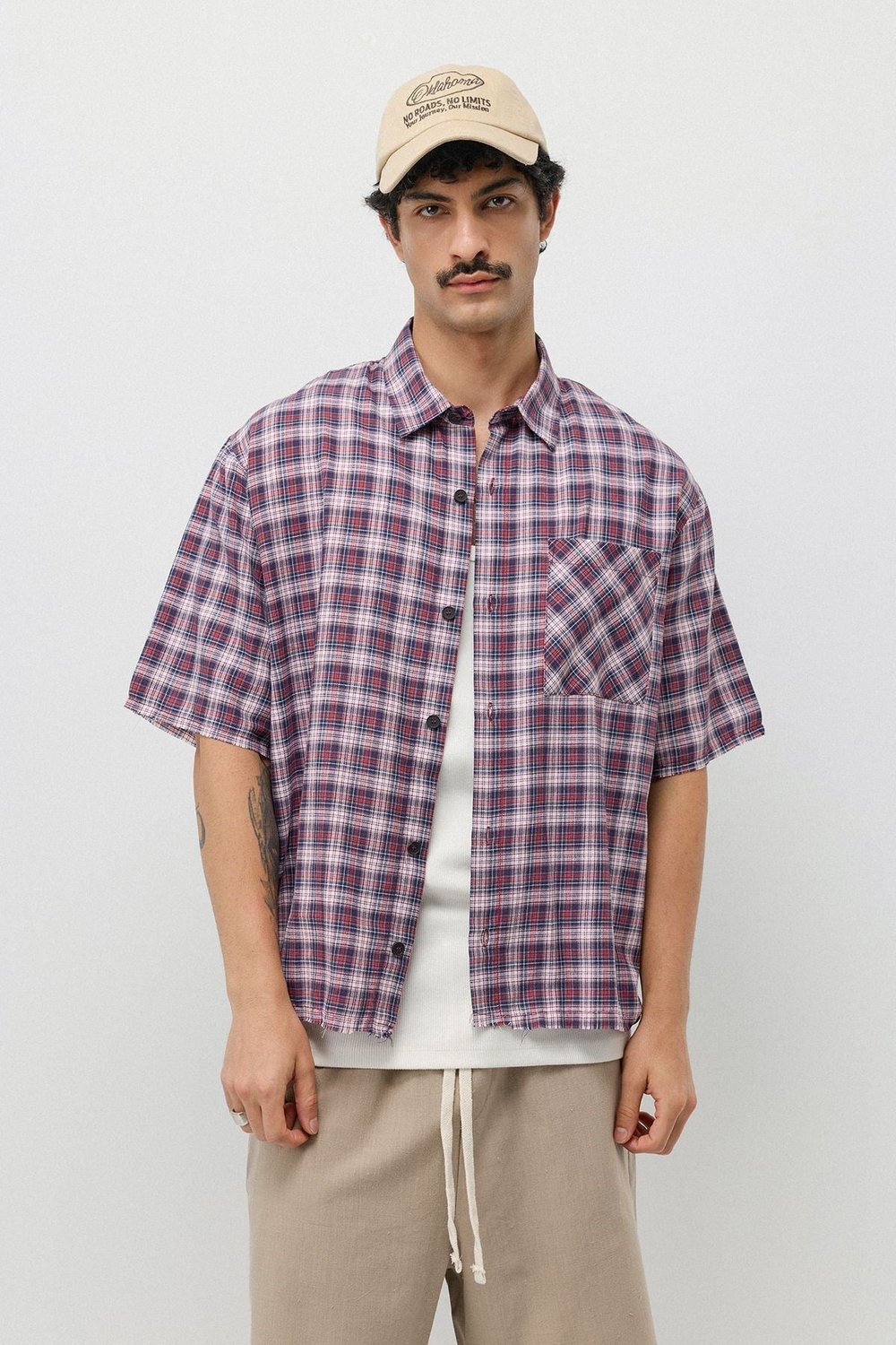 Boxy Fit Ekose Kısa Kollu Gömlek Bordo