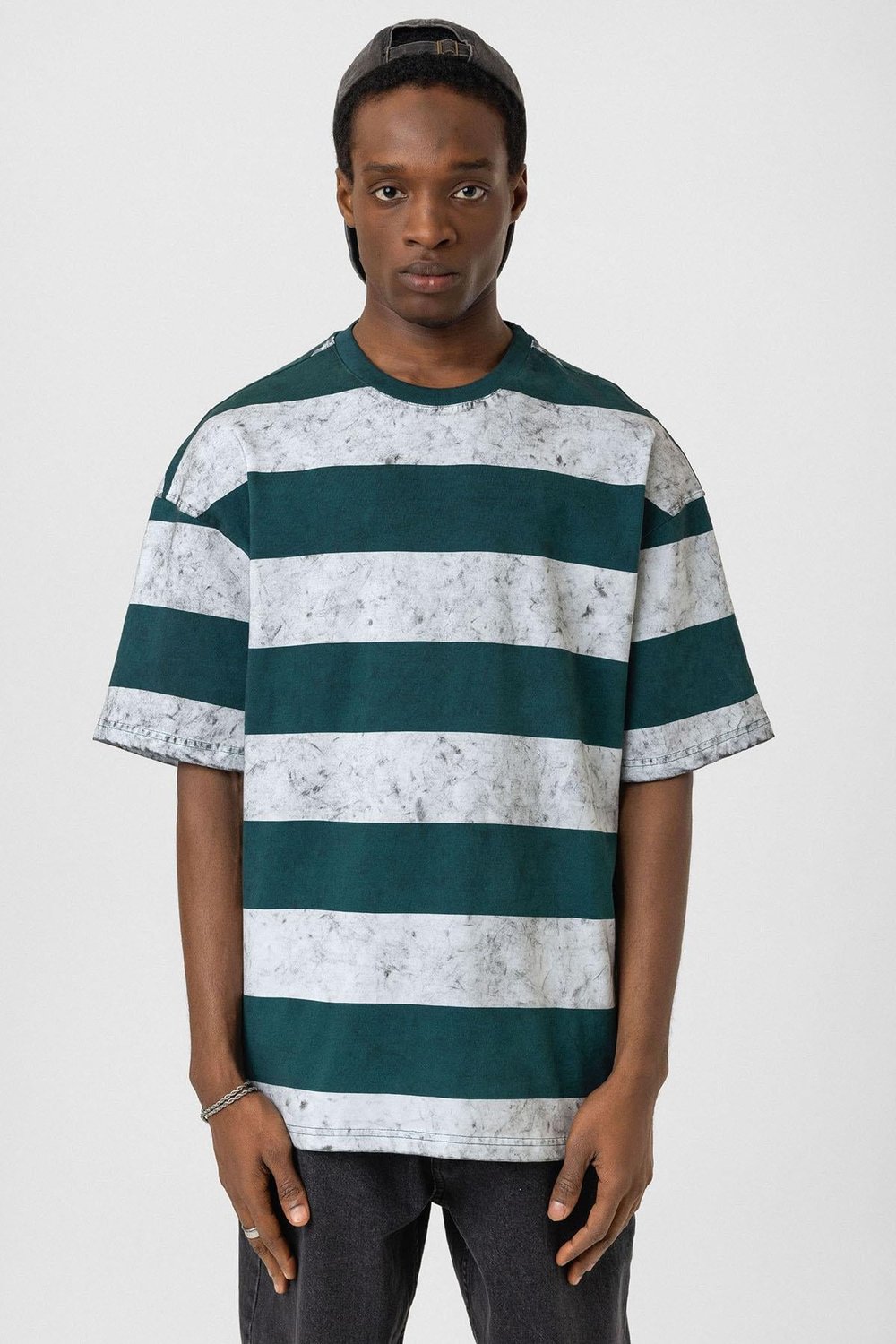 Yıkamalı Şeritli Oversize Tişört Mint - Beyaz