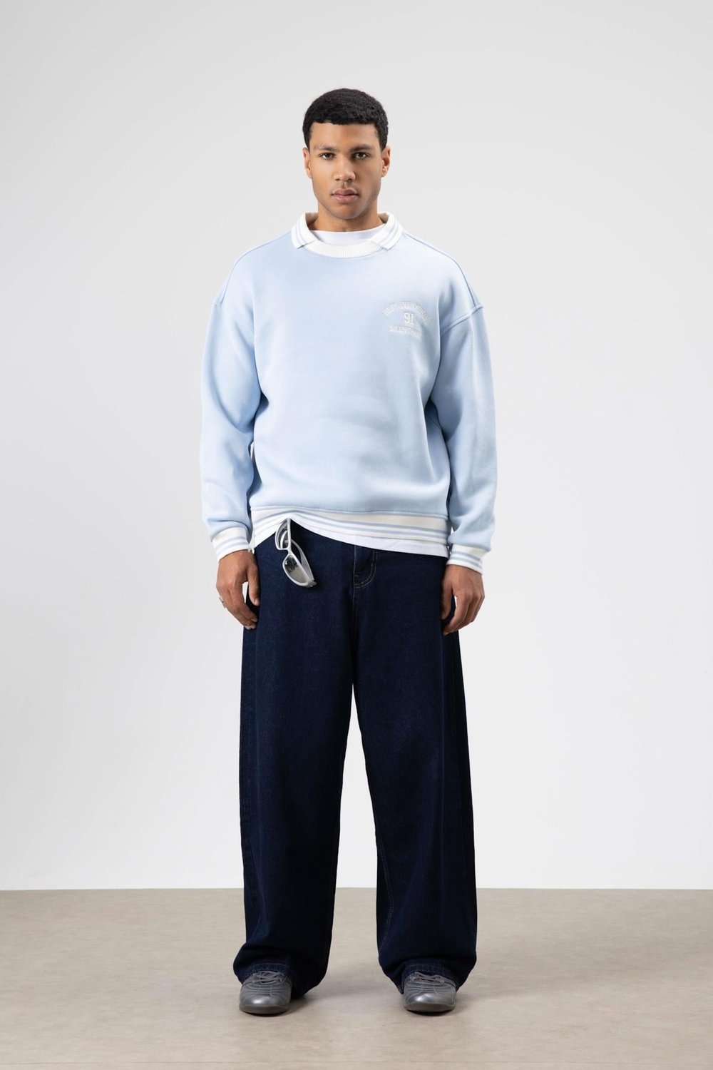 Oversize Yaka Nakış Detaylı Sweatshirt Bebe Mavi