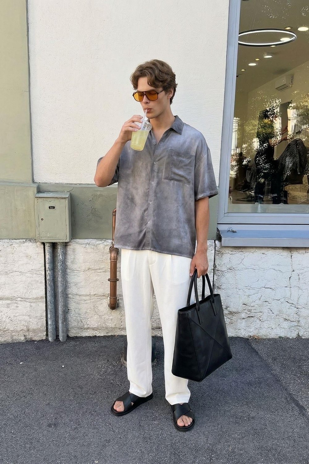 Yıkamalı Kısa Kollu Oversize Gömlek Gri