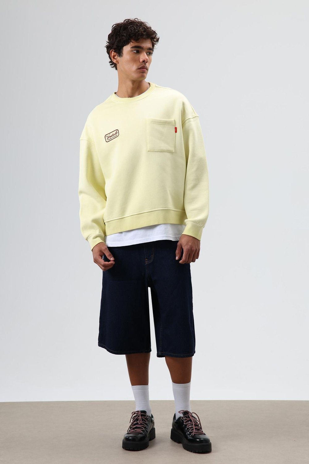 Oversize Bisiklet Yaka Cepli Sweatshirt Sarı