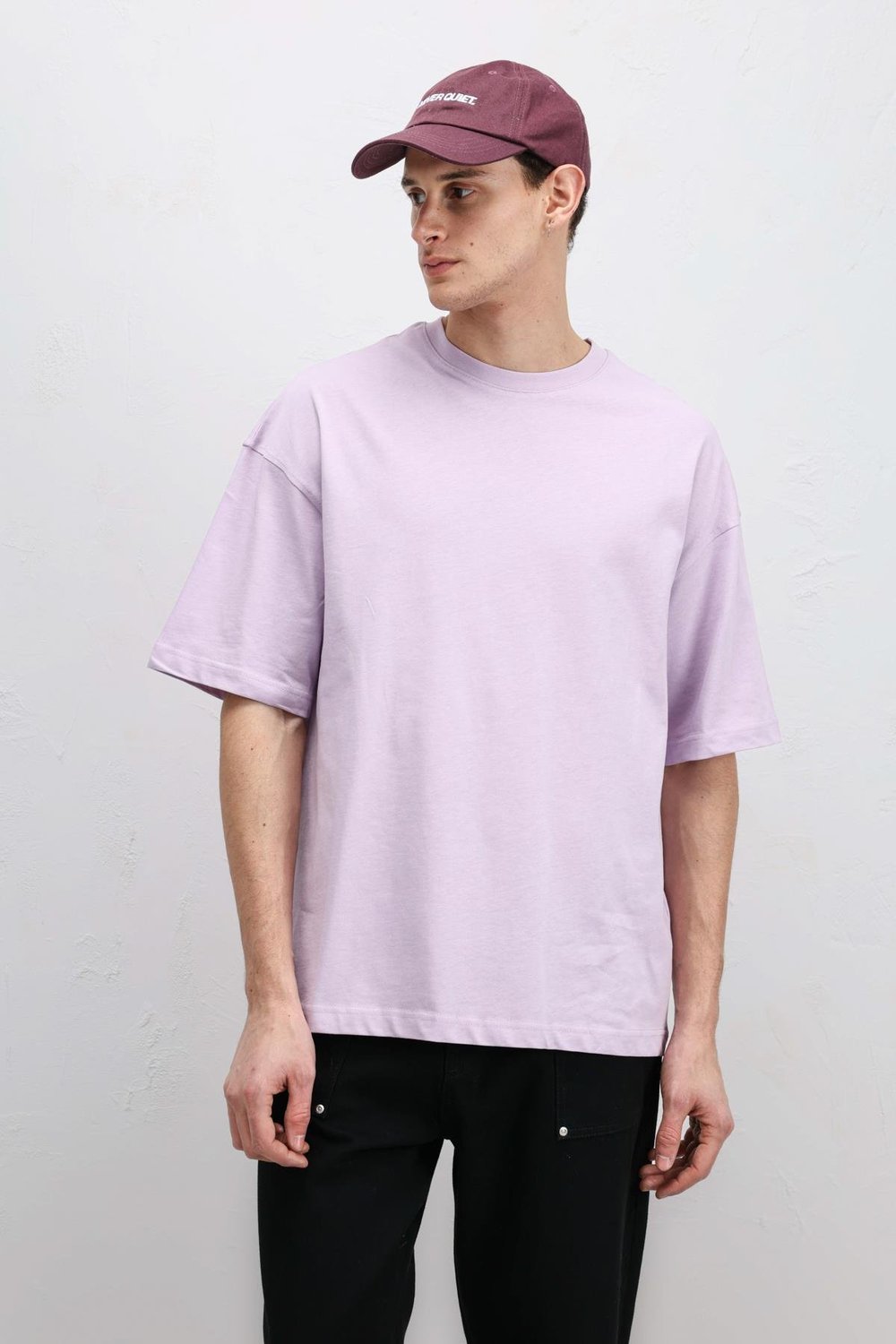Basic Oversize Bisiklet Yaka Tişört Lila