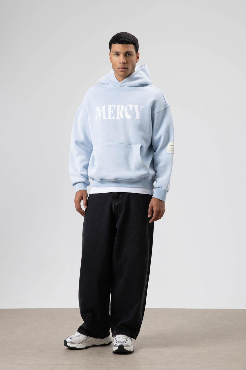 Kart Detaylı Yıkamalı Oversize Sweatshirt Bebe Mavi