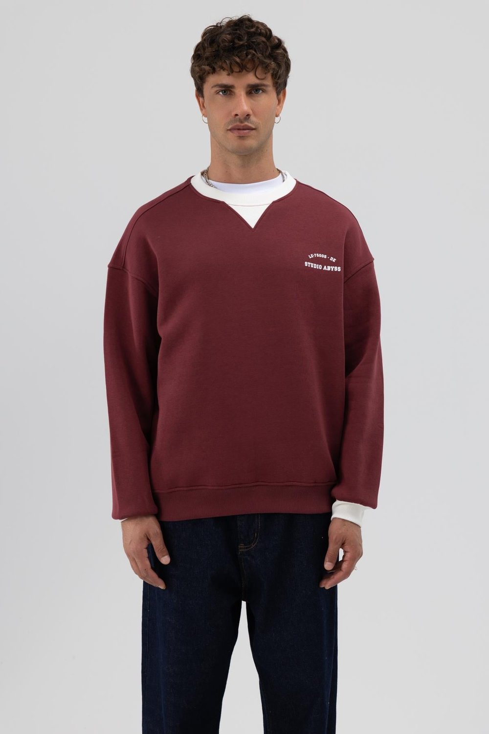 Oversize Bisiklet Yaka Baskılı Sweatshirt Bordo