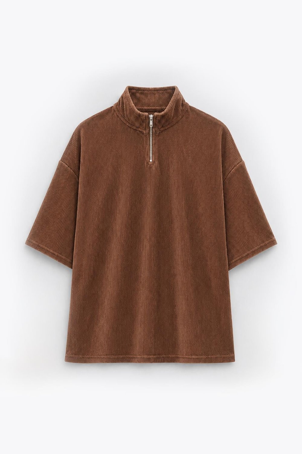 Yarım Fermuarlı Oversize Fitilli Tişört Fındık