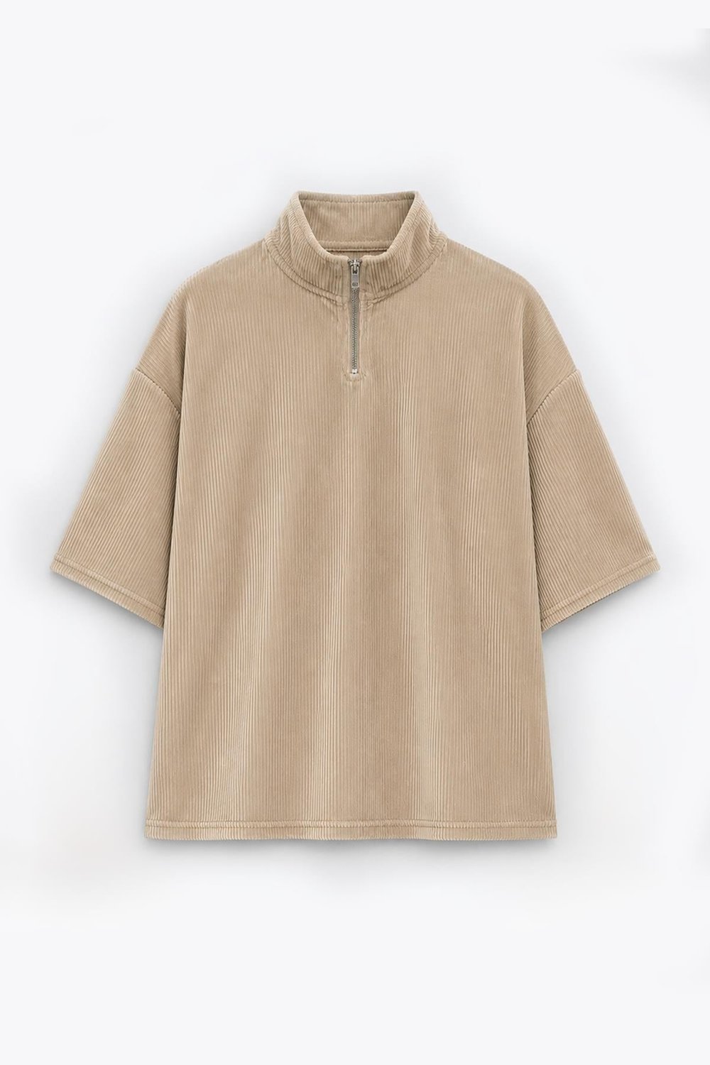 Yarım Fermuarlı Oversize Fitilli Tişört Camel