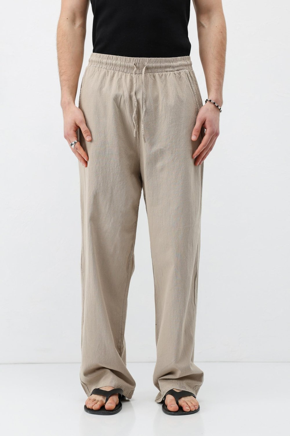 Bel Lastikli Baggy Fit Keten Pantolon Bej