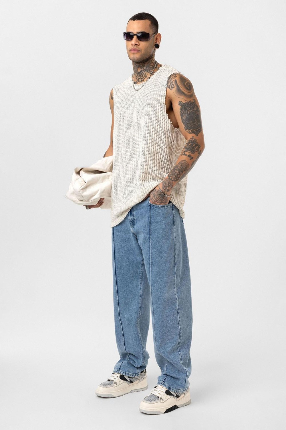 Dikiş Detaylı Relaxed Fit Jean Açık Mavi Melanj