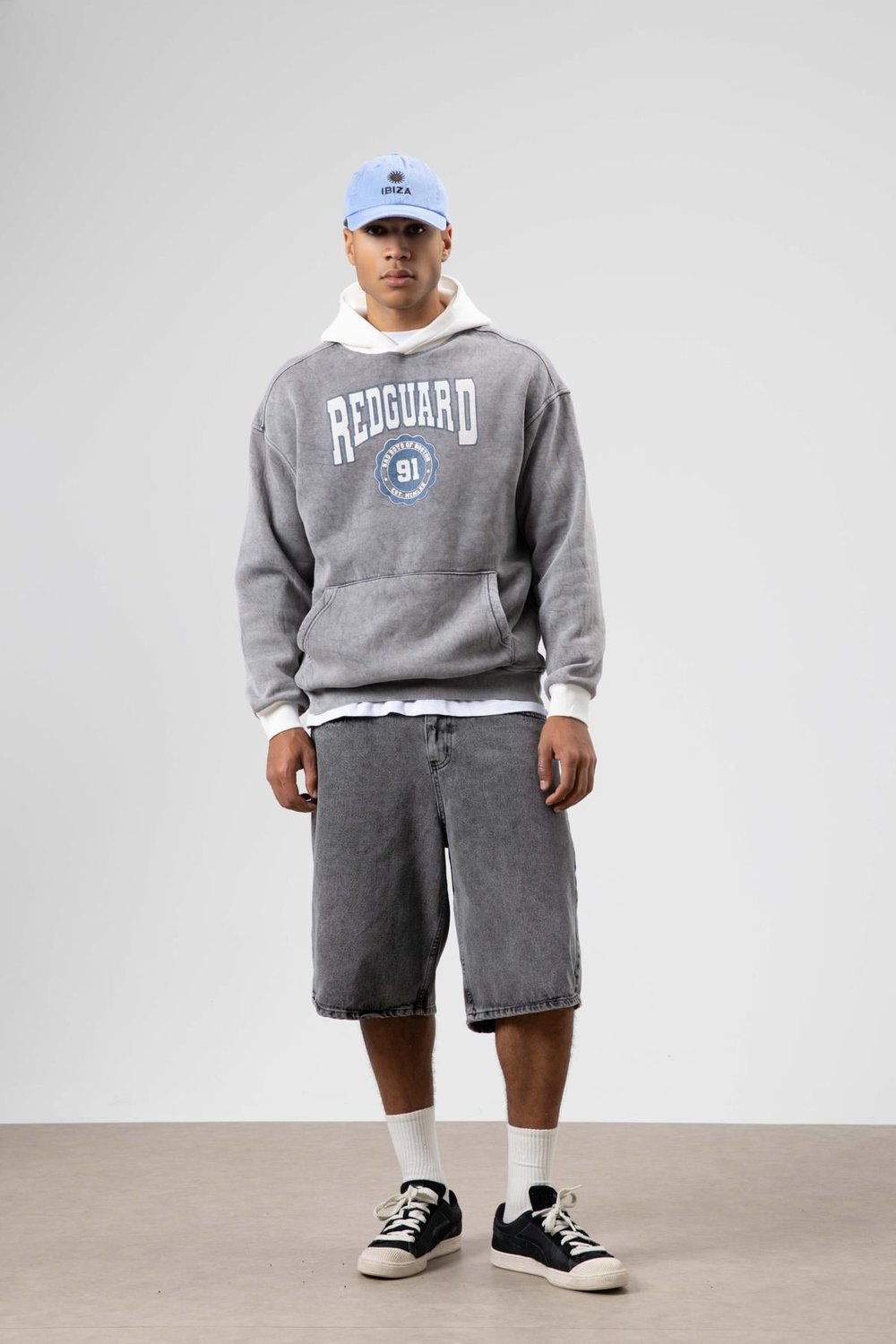 Oversize Baskılı Kapüşonlu Sweatshirt Gri