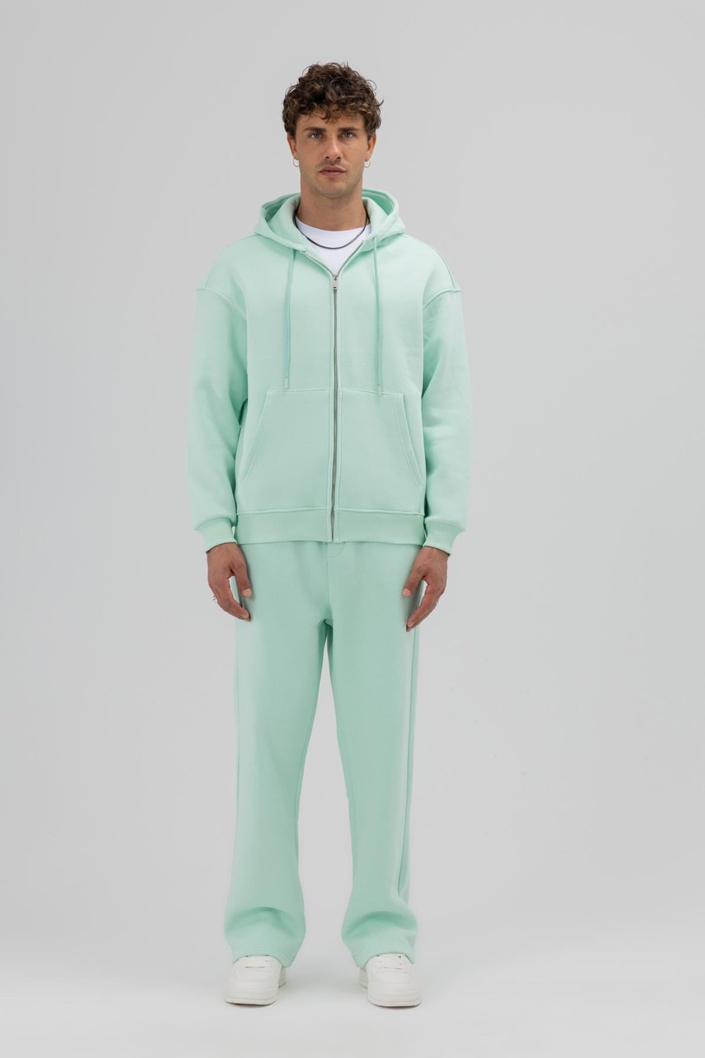 Basic Fermuarlı Oversize Kapüşonlu Sweatshirt Mint