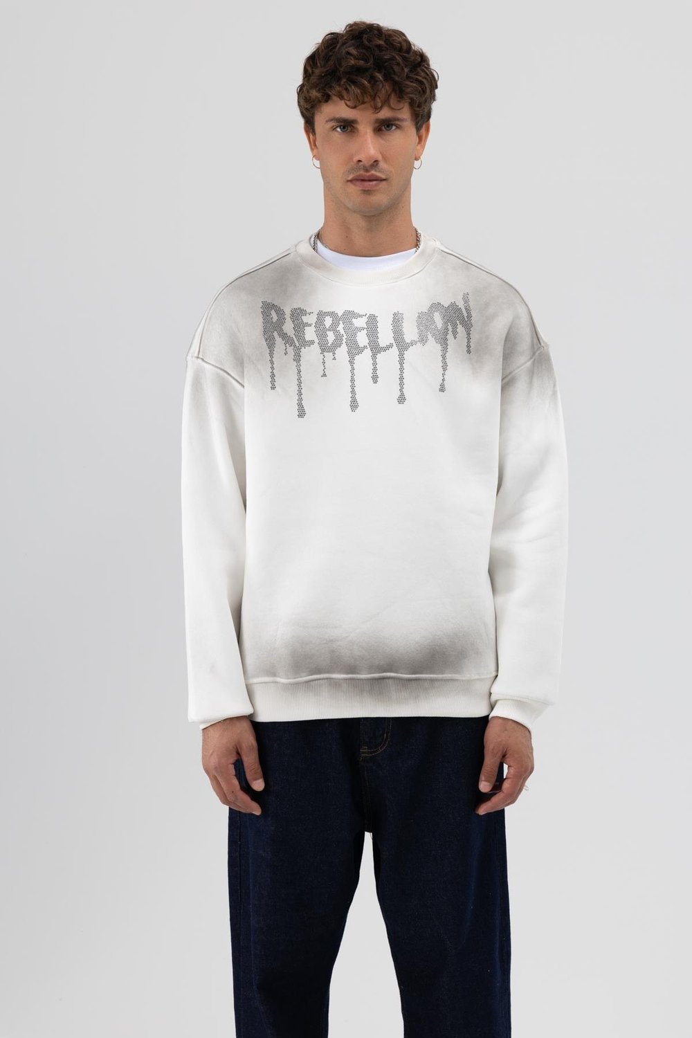 Yıkamalı Oversize Baskılı Sweatshirt Ekru