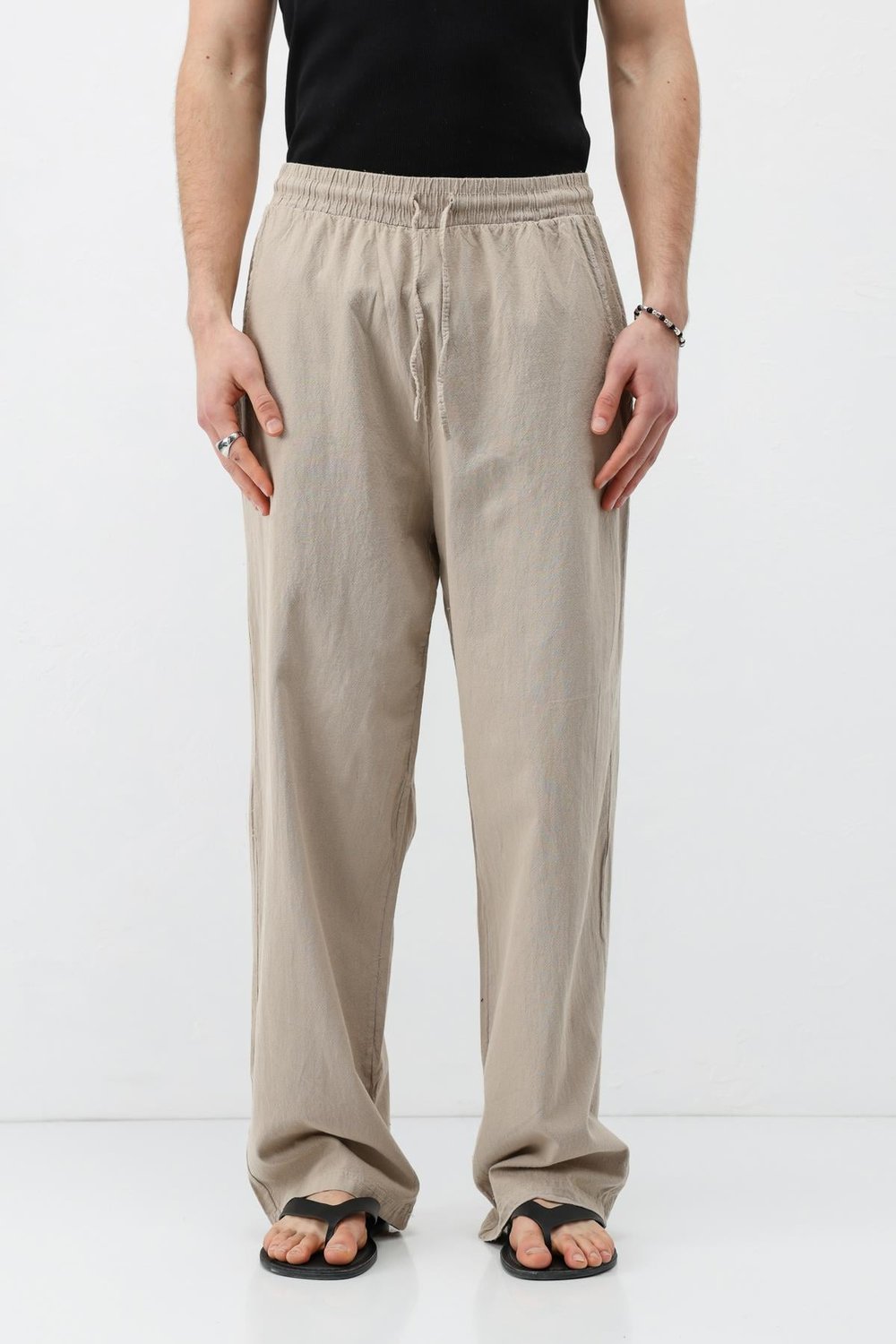 Bel Lastikli Baggy Fit Keten Pantolon Taş