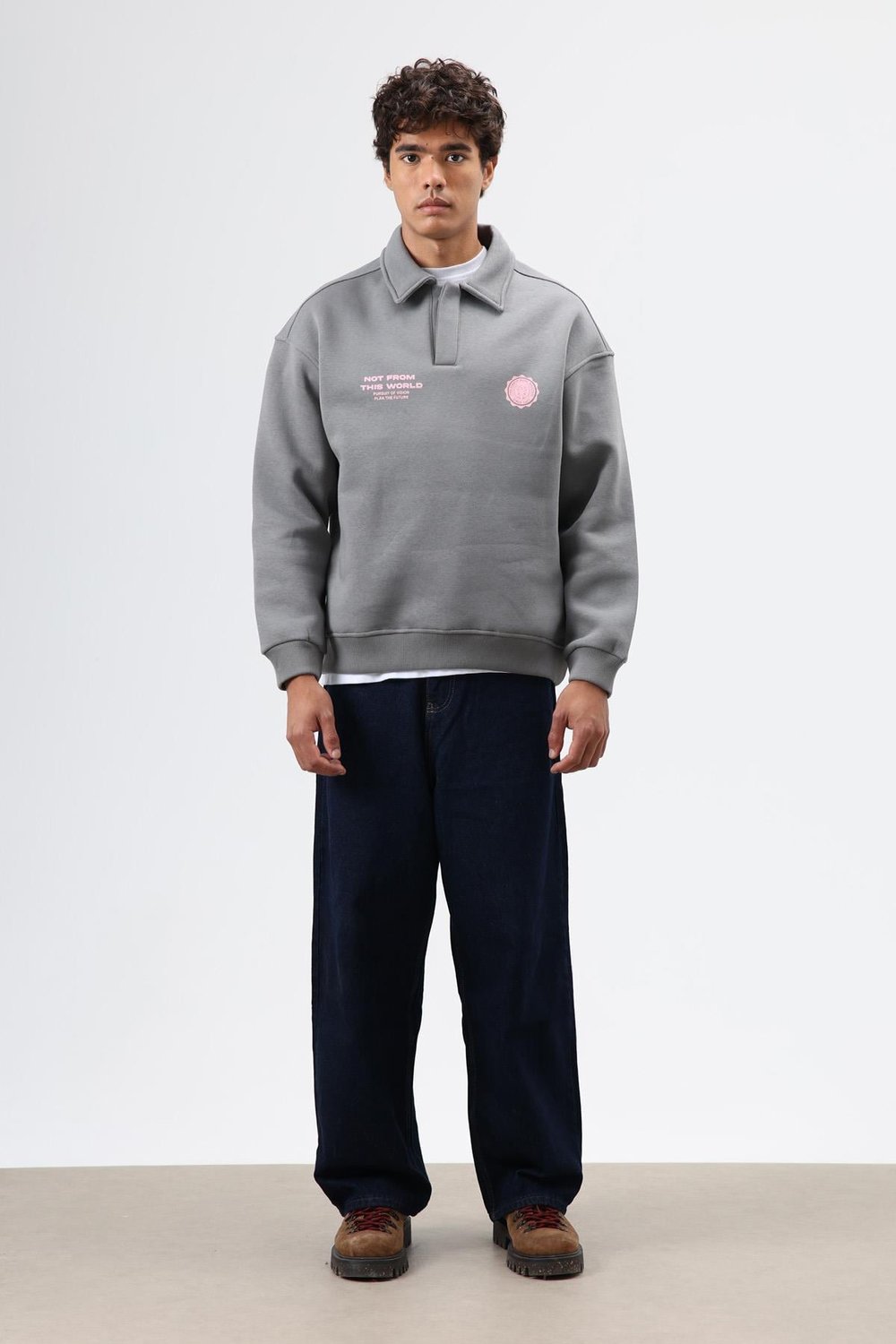 Polo Yaka Oversize Baskılı Yıkamalı Sweatshirt Füme