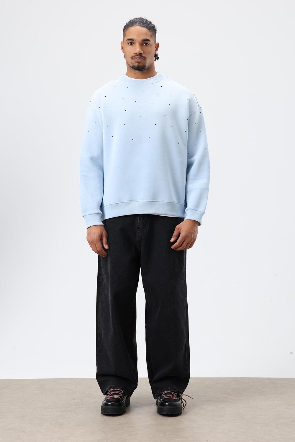 Yıkamalı Taş Detaylı Oversize Sweatshirt Bebe Mavi
