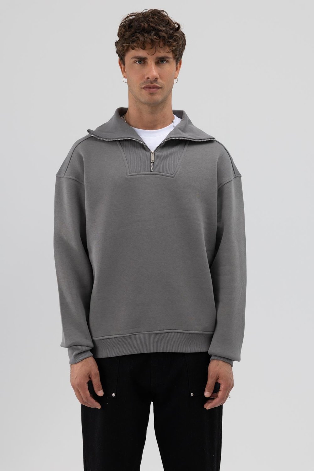 Basic Fermuarlı Dik Yaka Sweatshirt Füme
