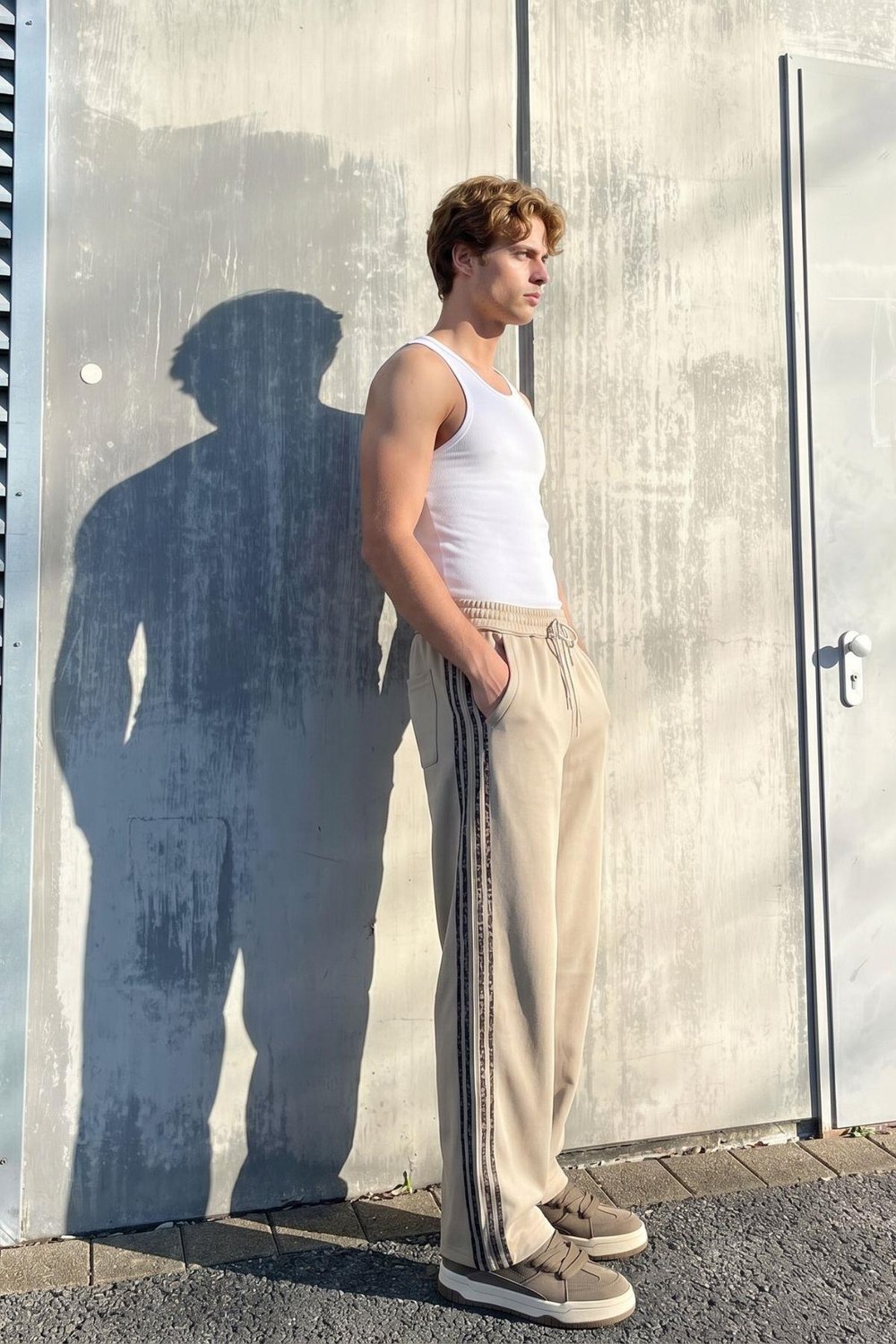 Şerit Detaylı Baggy Eşofman Altı Bej
