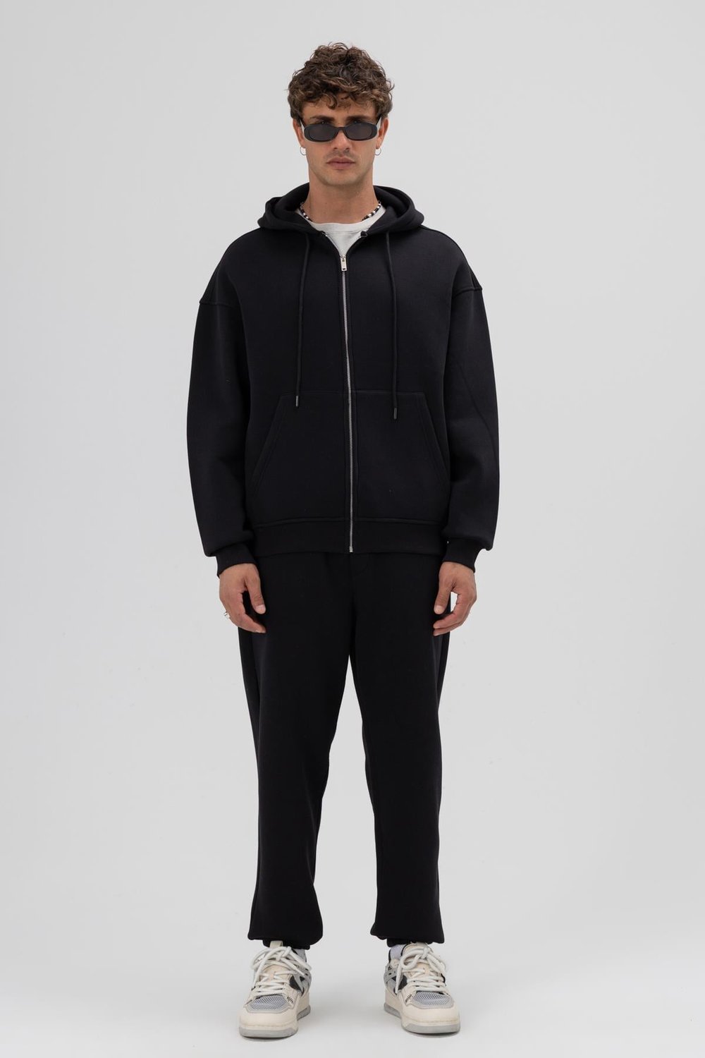 Basic Fermuarlı Oversize Kapüşonlu Sweatshirt Siyah