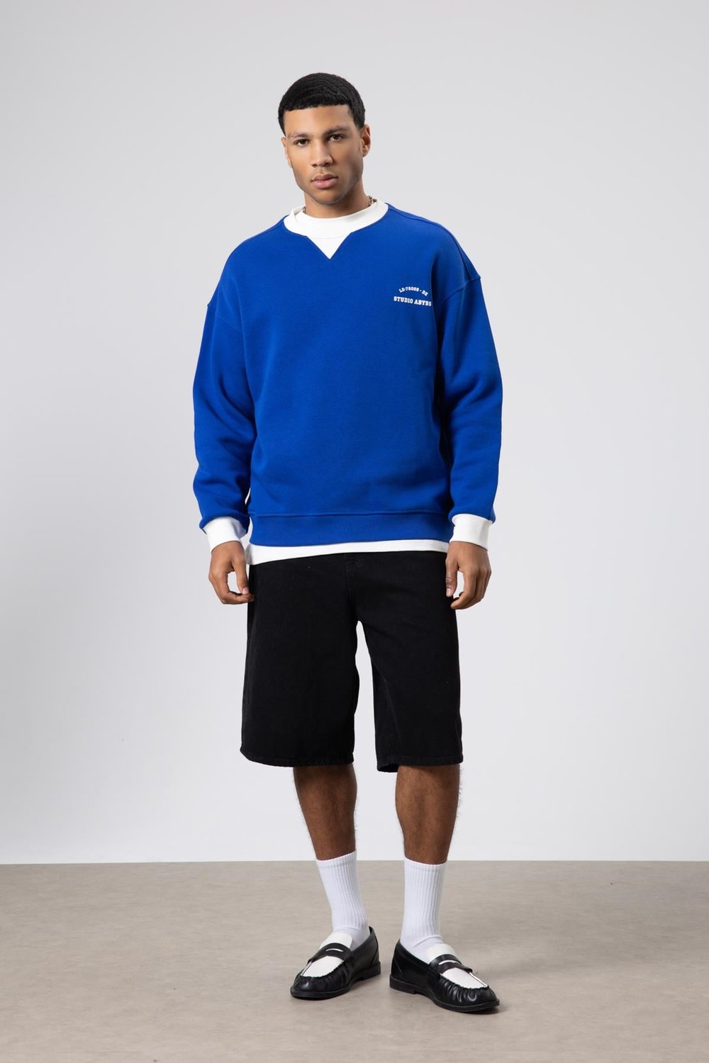 Oversize Bisiklet Yaka Baskılı Sweatshirt Saks