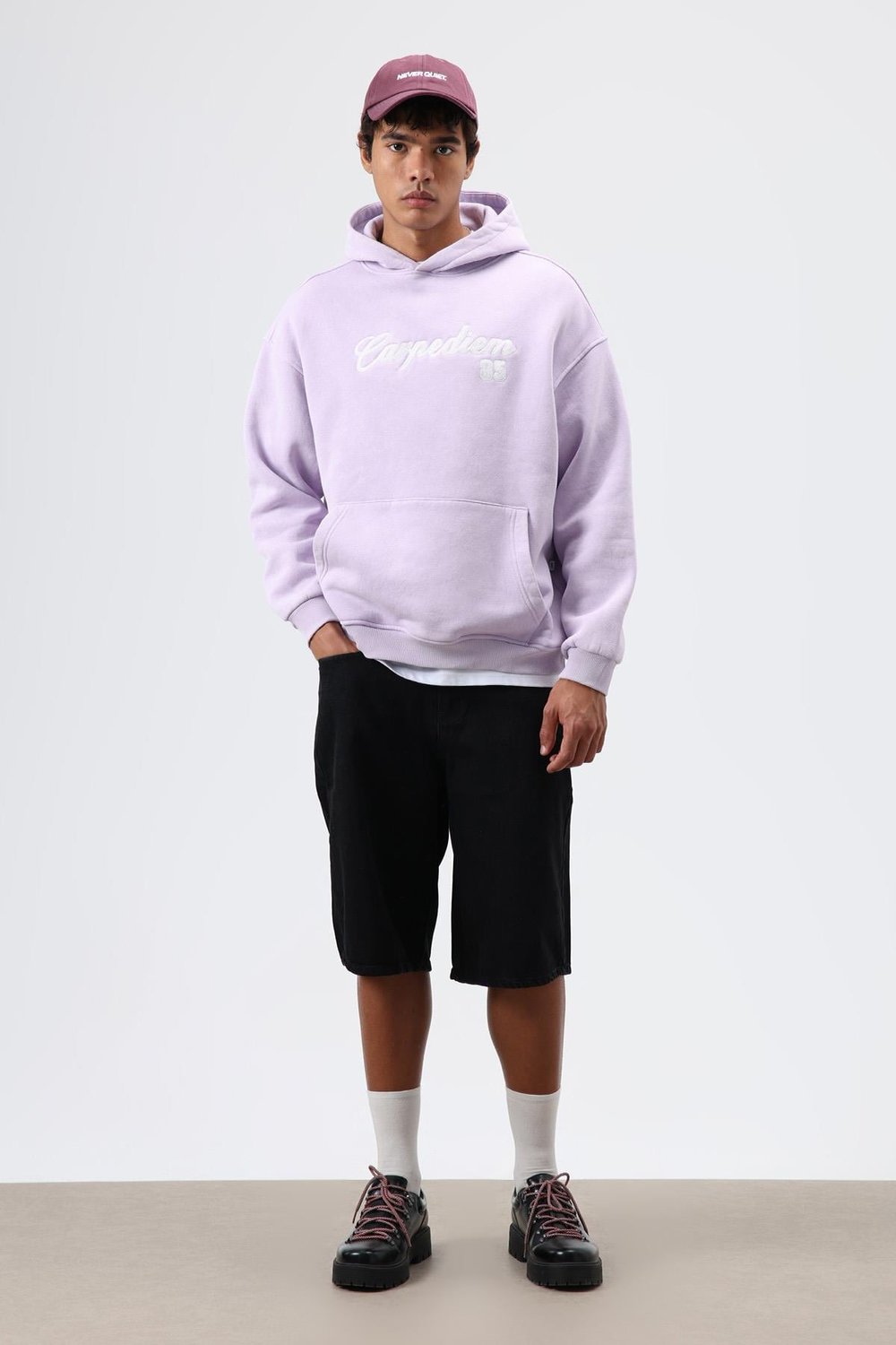 Oversize Baskılı Kapüşonlu Hoodie Lila