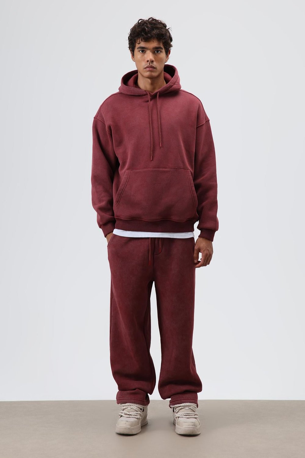 Basic Oversize Yıkamalı Hoodie Bordo