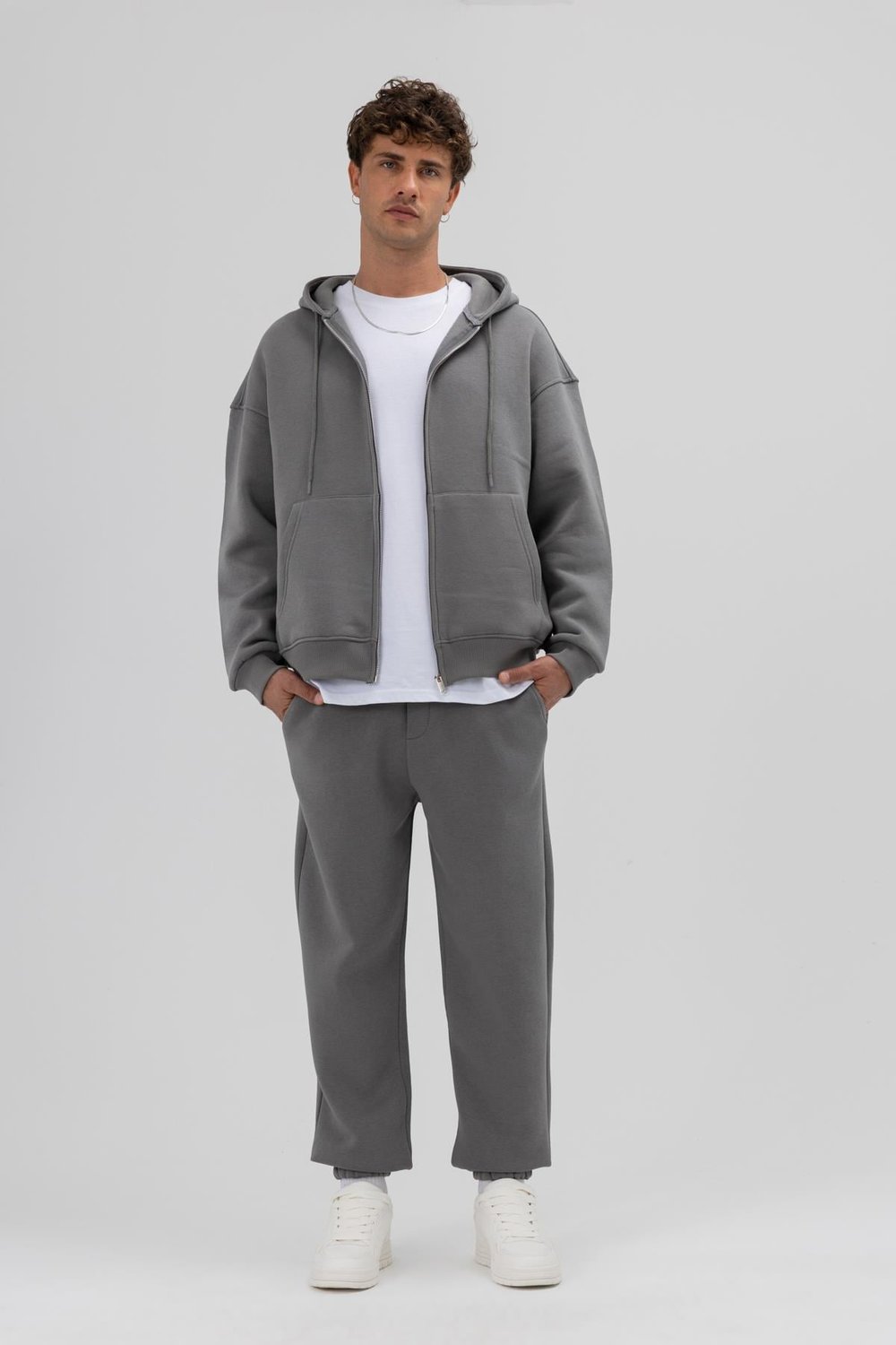 Basic Fermuarlı Oversize Kapüşonlu Sweatshirt Füme