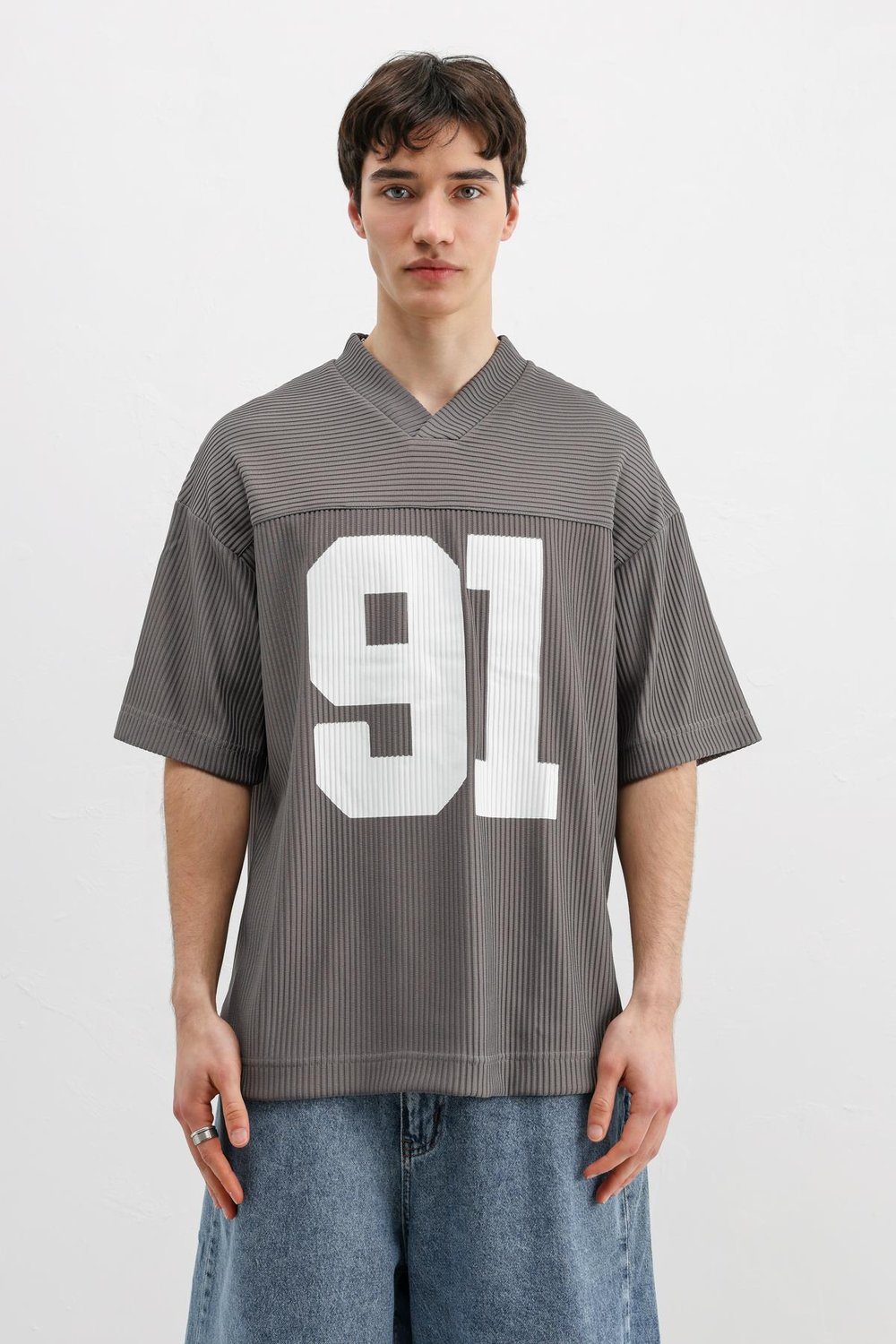 Baskılı Fitilli Oversize Tişört Gri