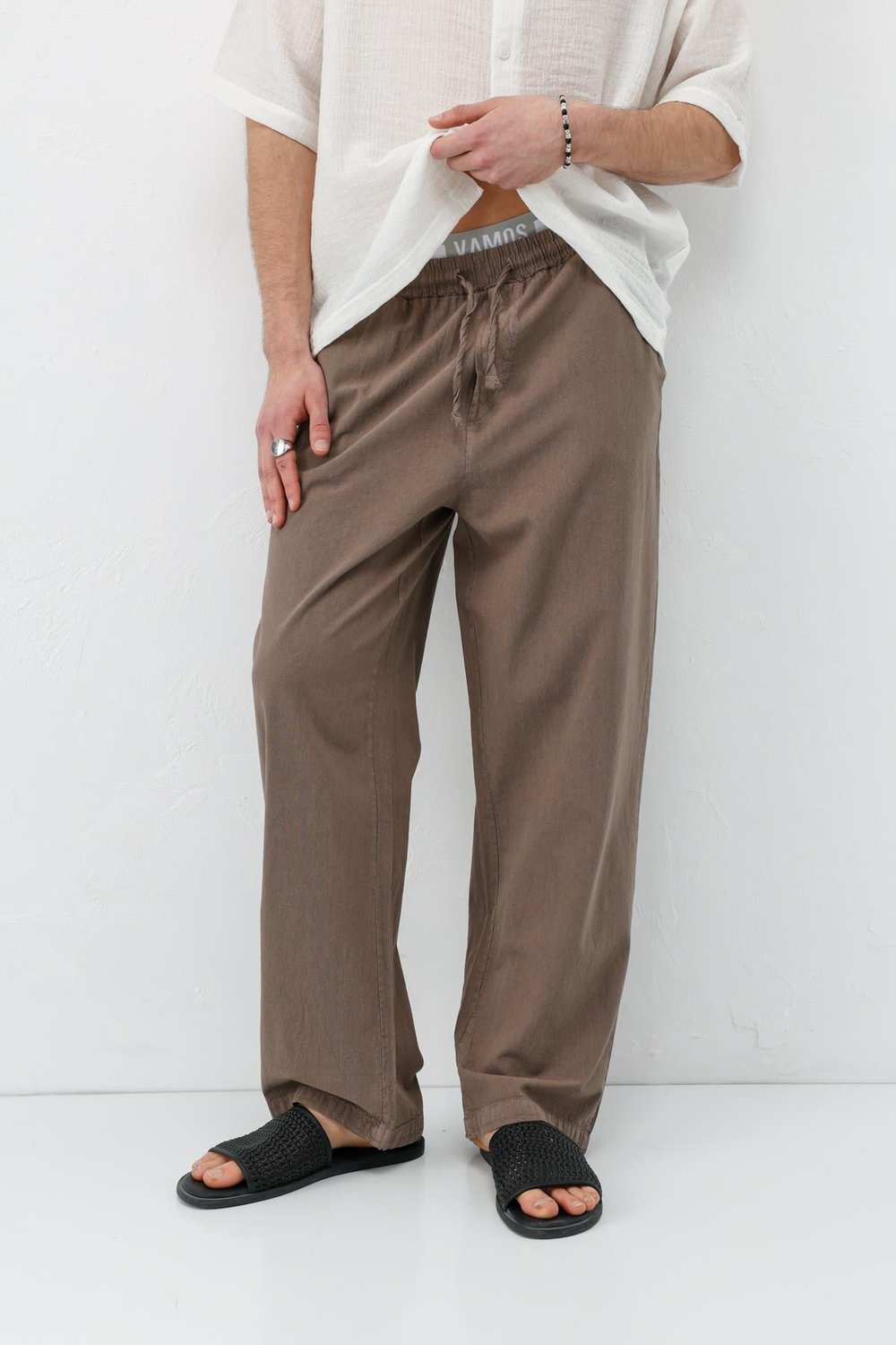 Bel Lastikli Baggy Fit Keten Pantolon Açık Kahve