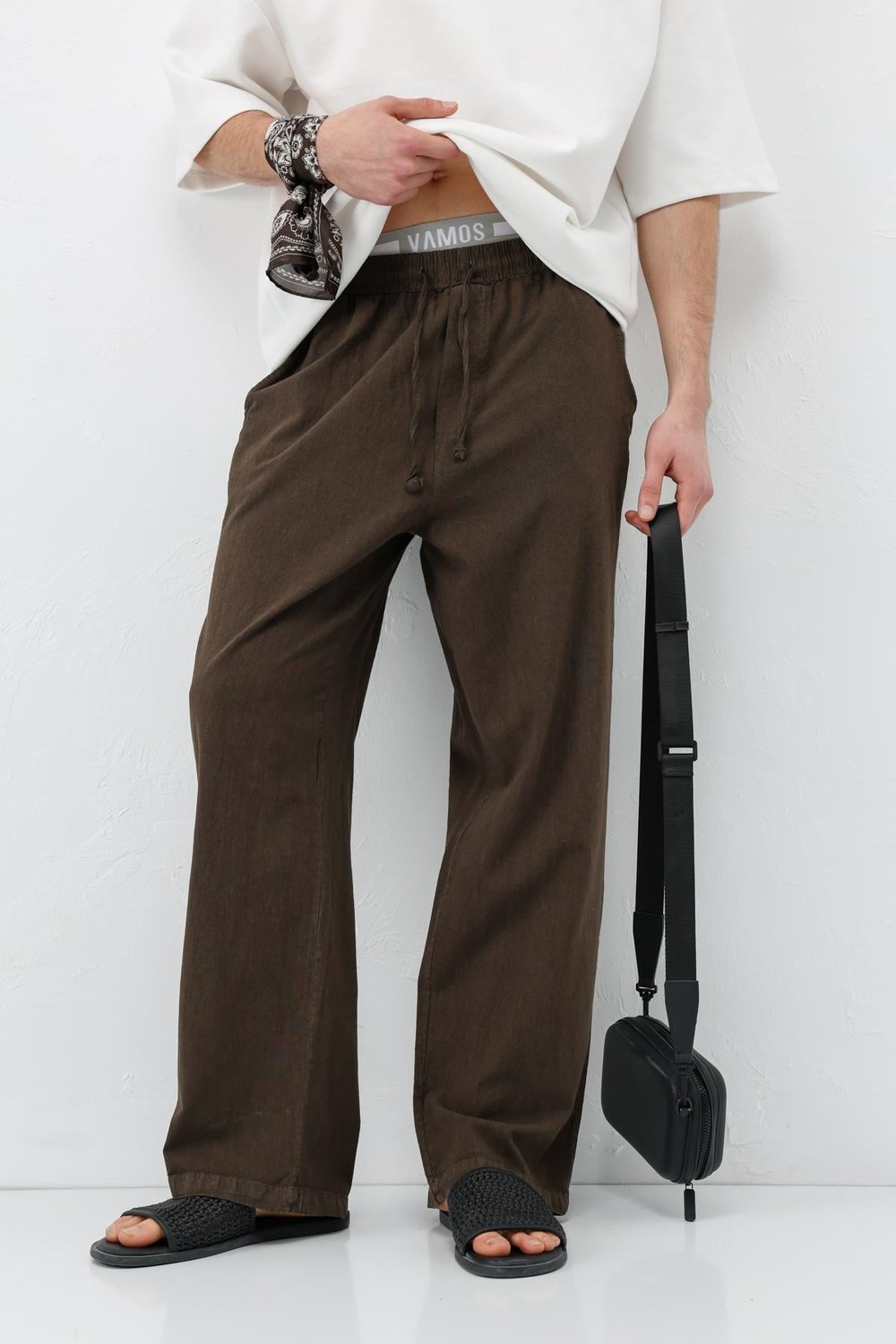 Bel Lastikli Baggy Fit Keten Pantolon Kahve