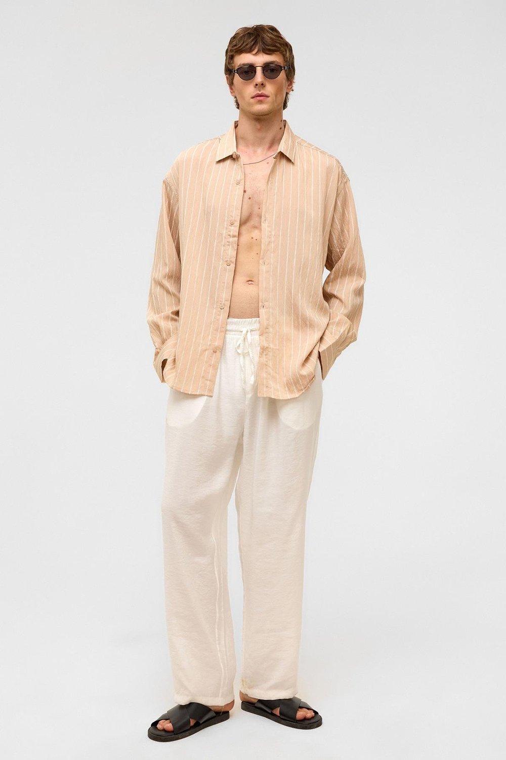 Oversize Çizgili Uzun Kol Gömlek Bej