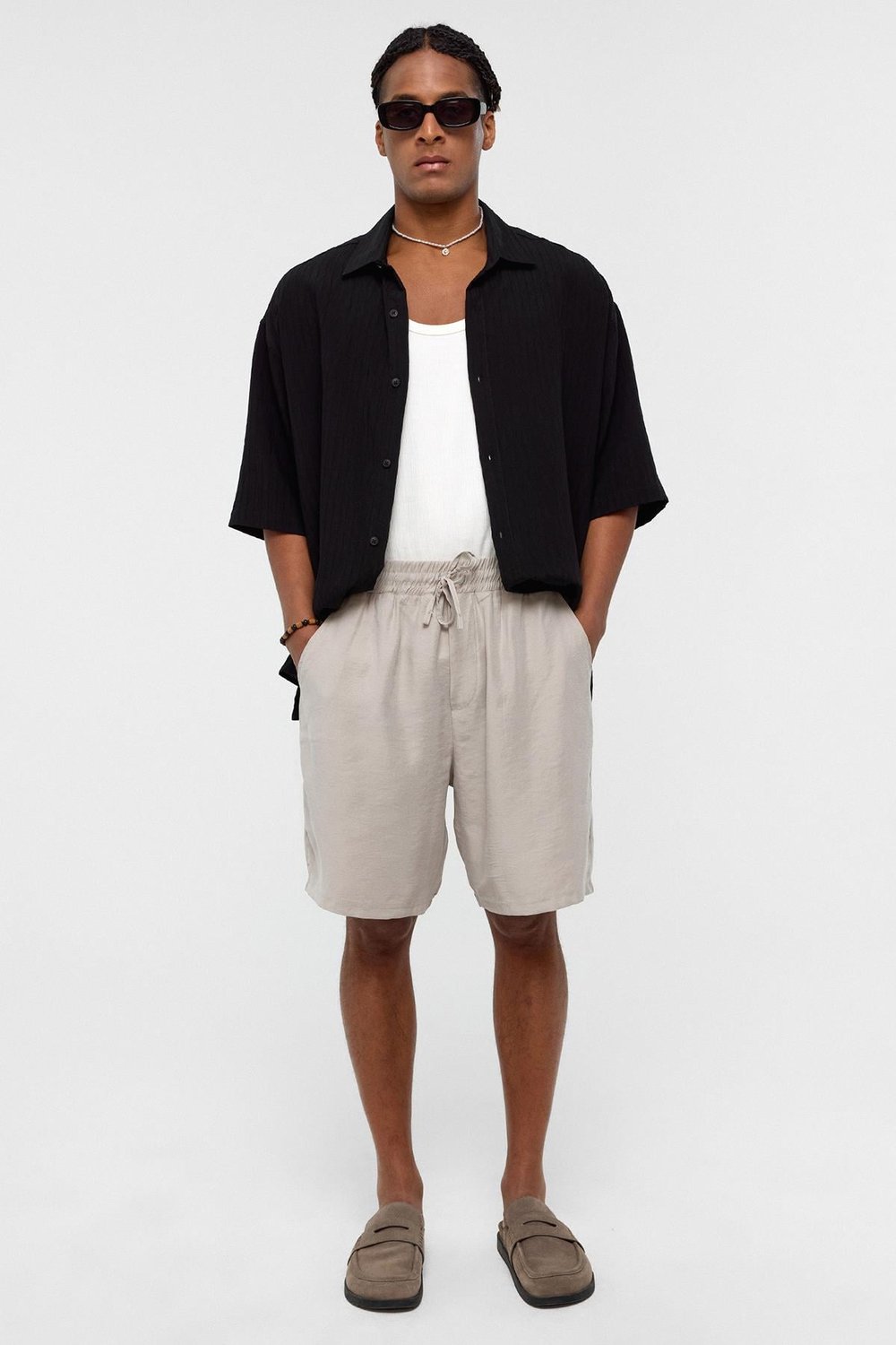 Oversize Modal Kumaş Bermuda Şort Bej