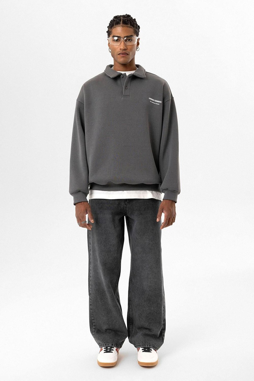 Polo Yaka Baskılı Oversize Sweatshirt Füme