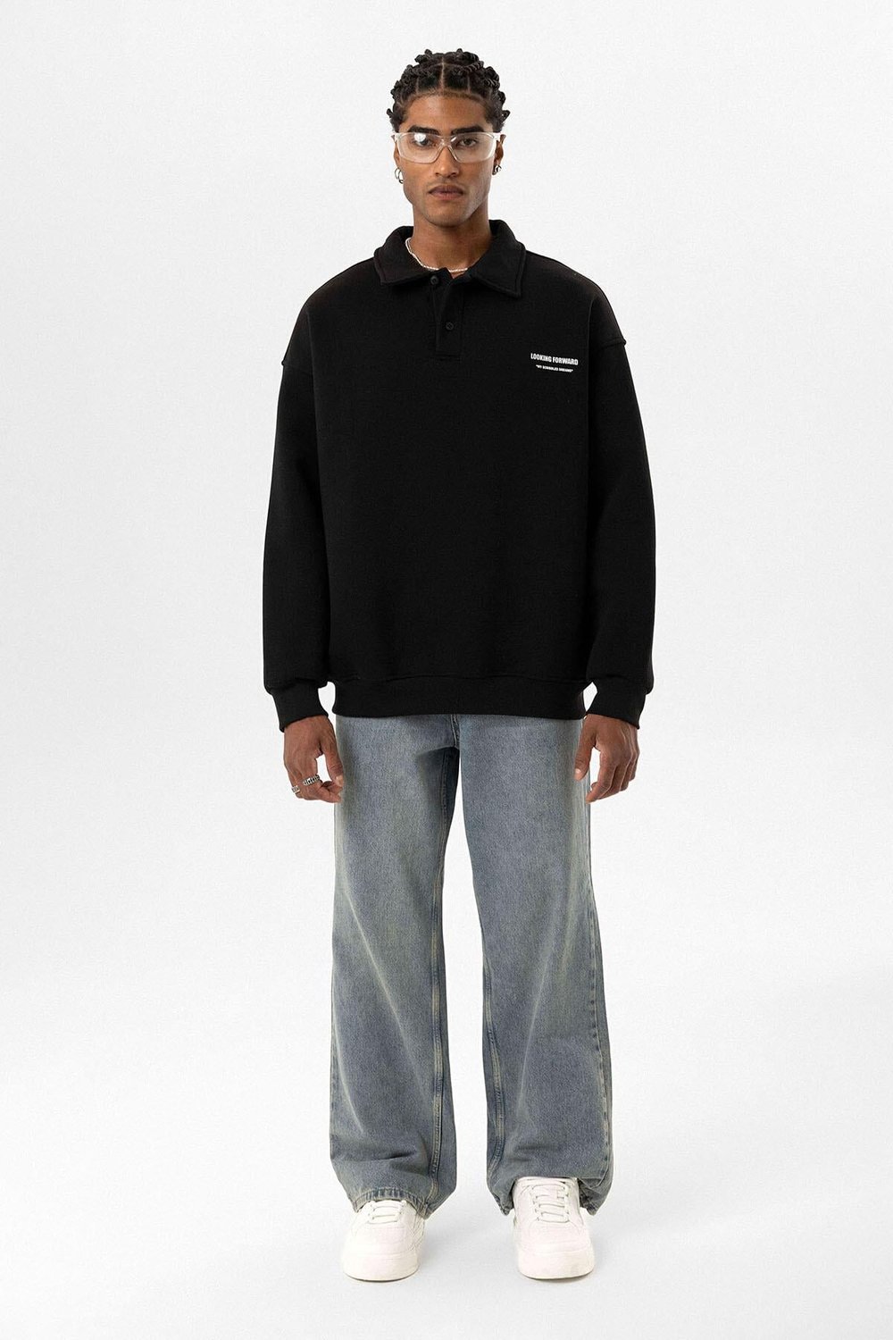 Polo Yaka Baskılı Oversize Sweatshirt Siyah