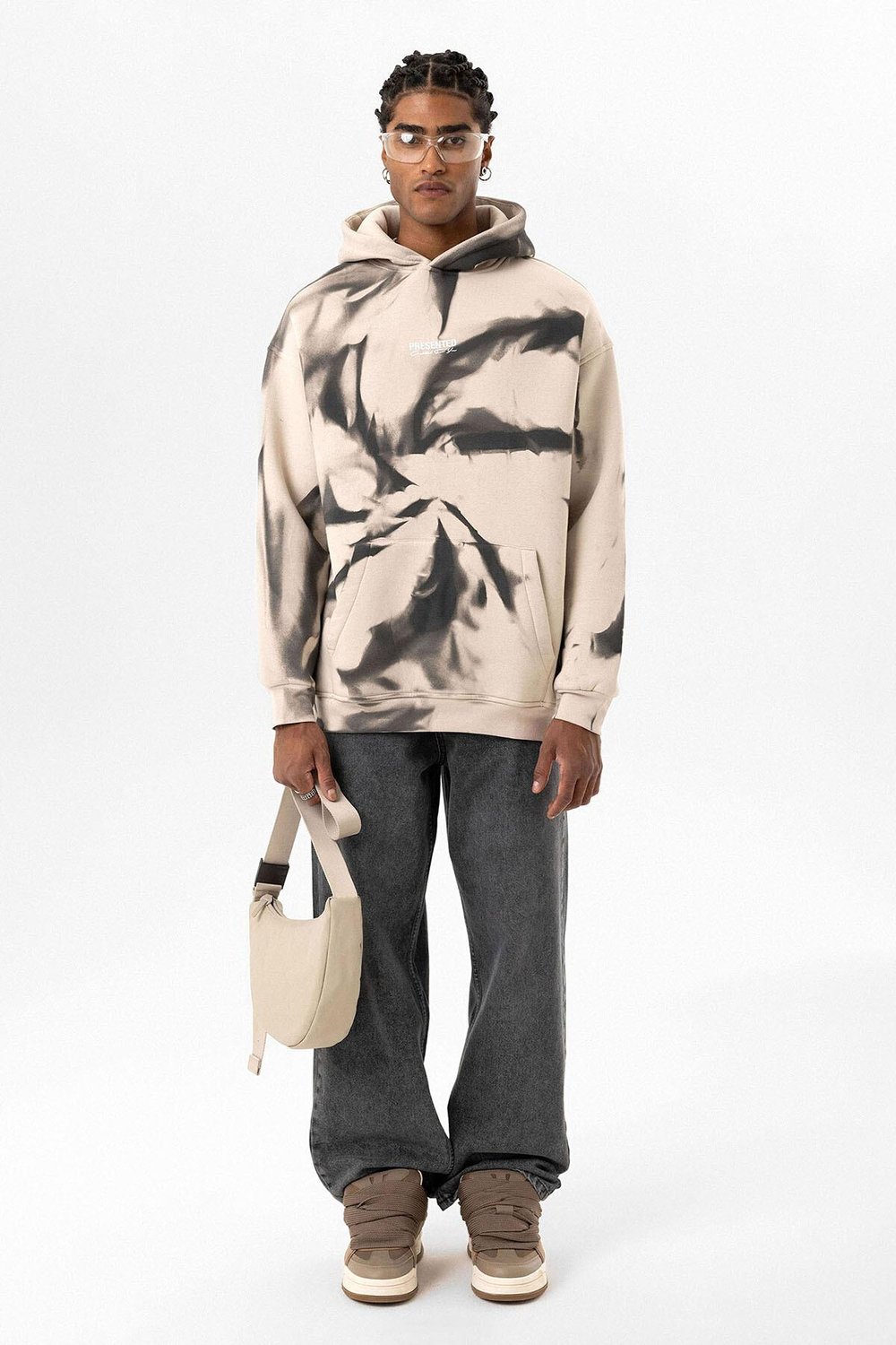Renk Detaylı Kapüşonlu Oversize Sweatshirt Taş