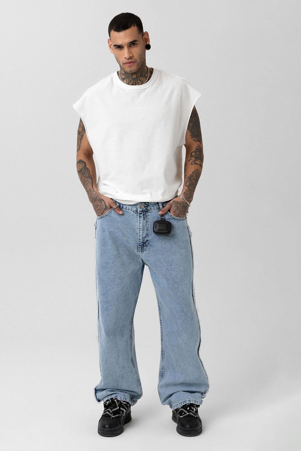 Yan Dikiş Detaylı Baggy Jean Açık Mavi Melanj