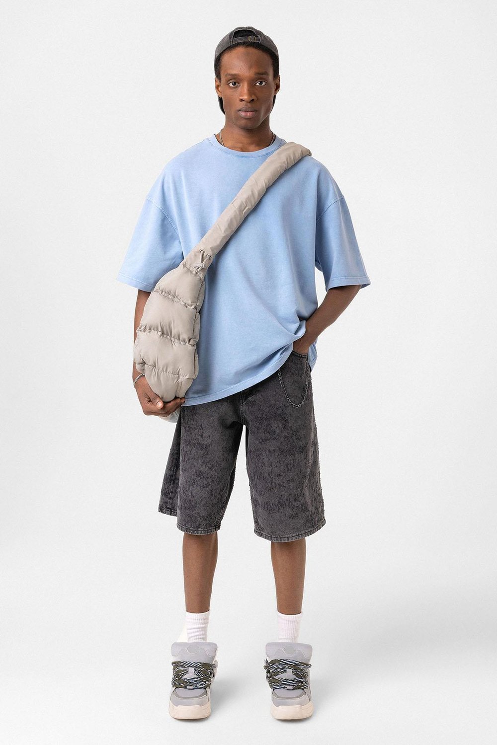 Yıkamalı Oversize Tişört Mavi