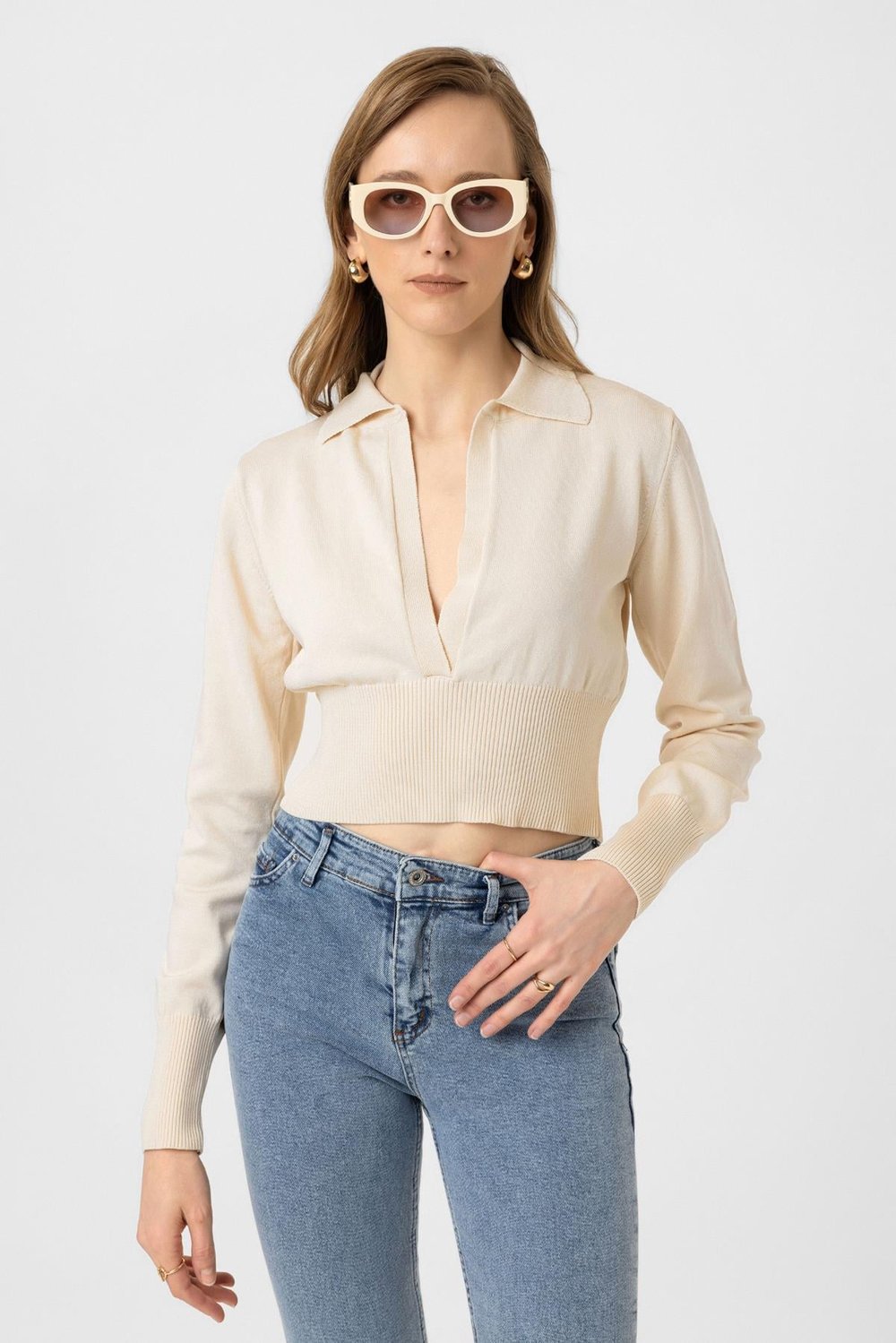 Oasis Polo Yaka Crop Triko Bej