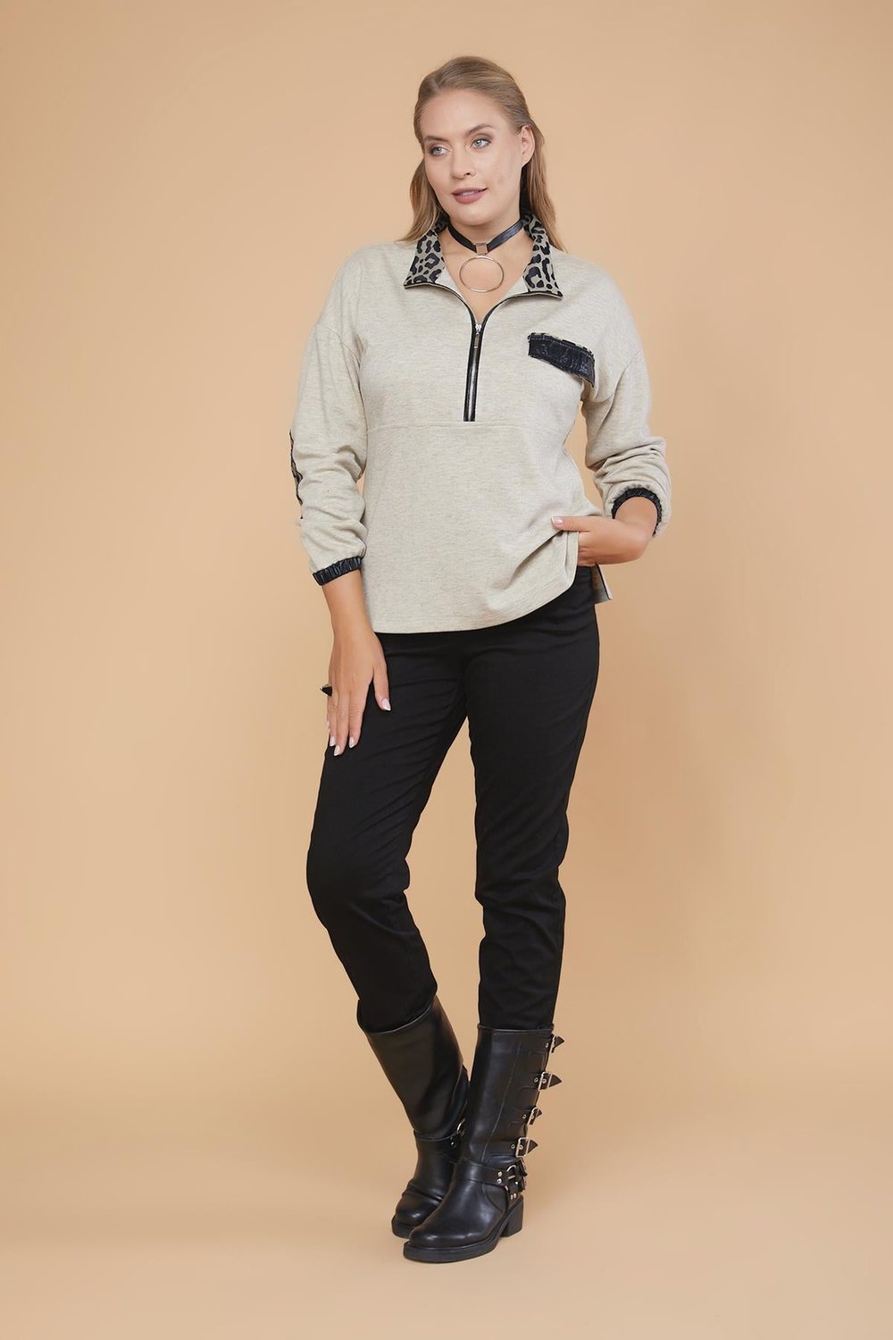 Deri Garnili Polo Yaka Sweatshirt