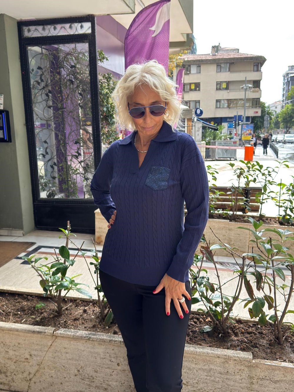 Polo Yaka Saç Örgülü Cep Detaylı Triko Bluz