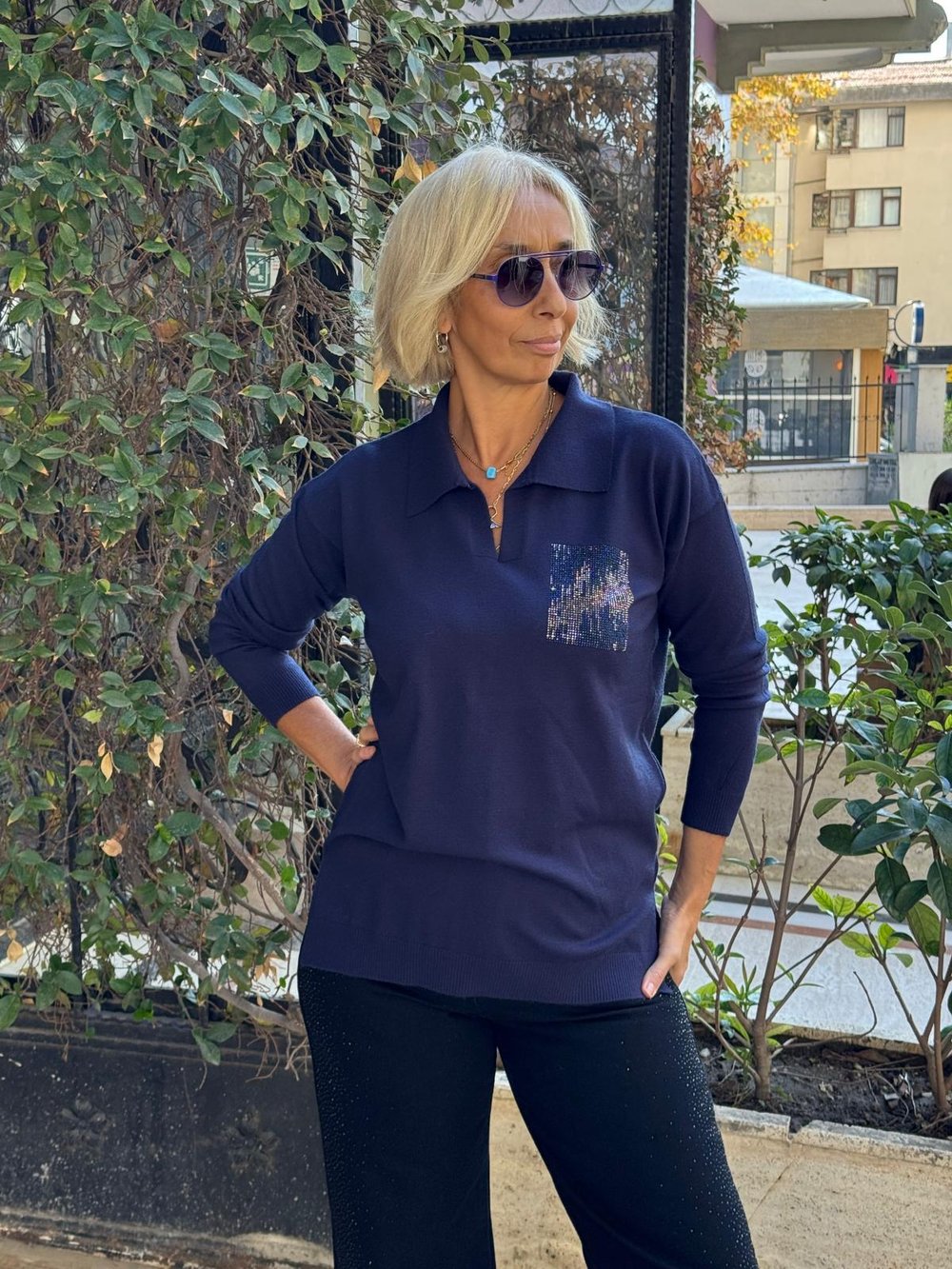 Polo Yaka Taş Cepli Triko Bluz