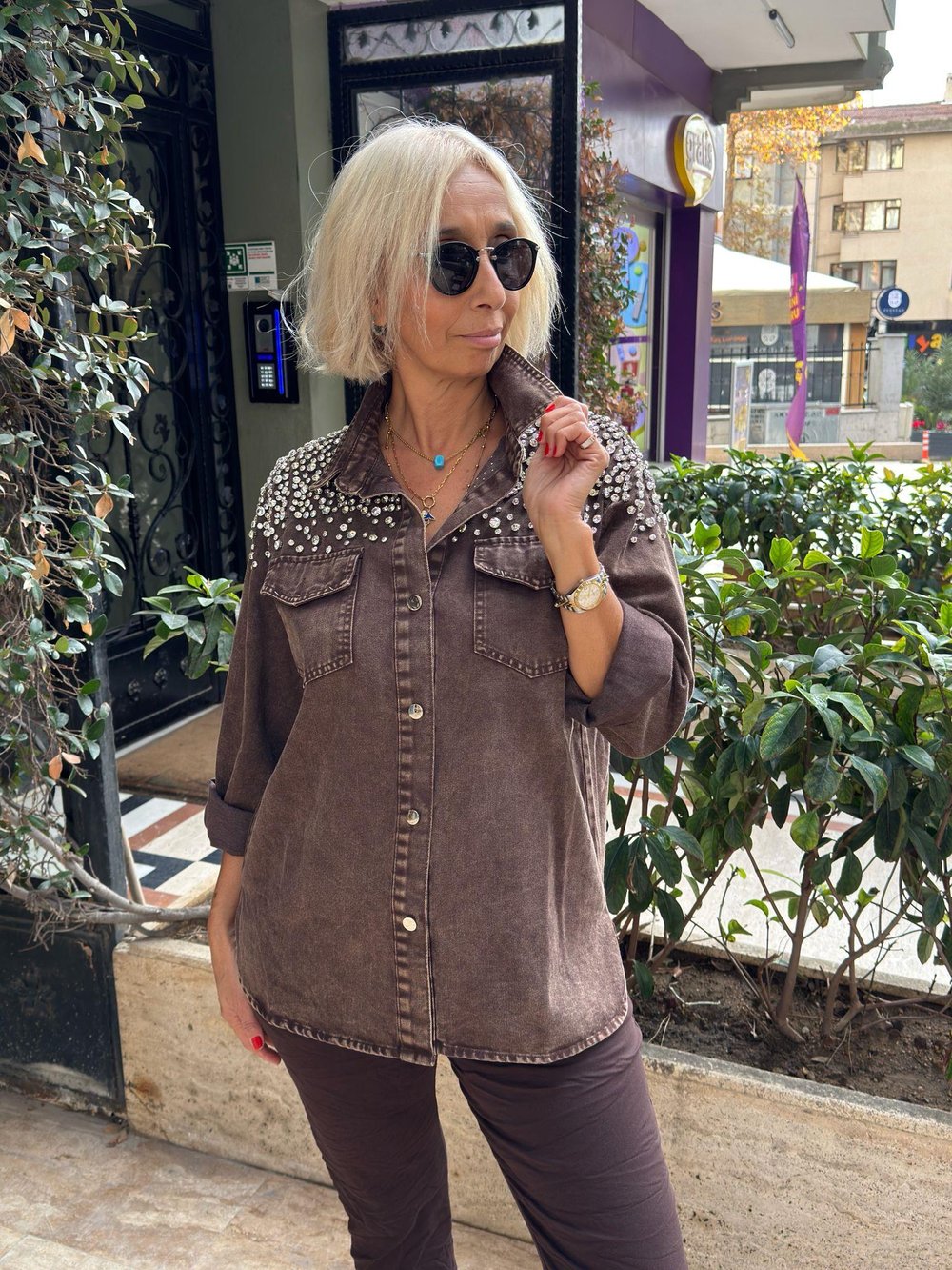 Taş İşlemeli Kot Jeans Gömlek