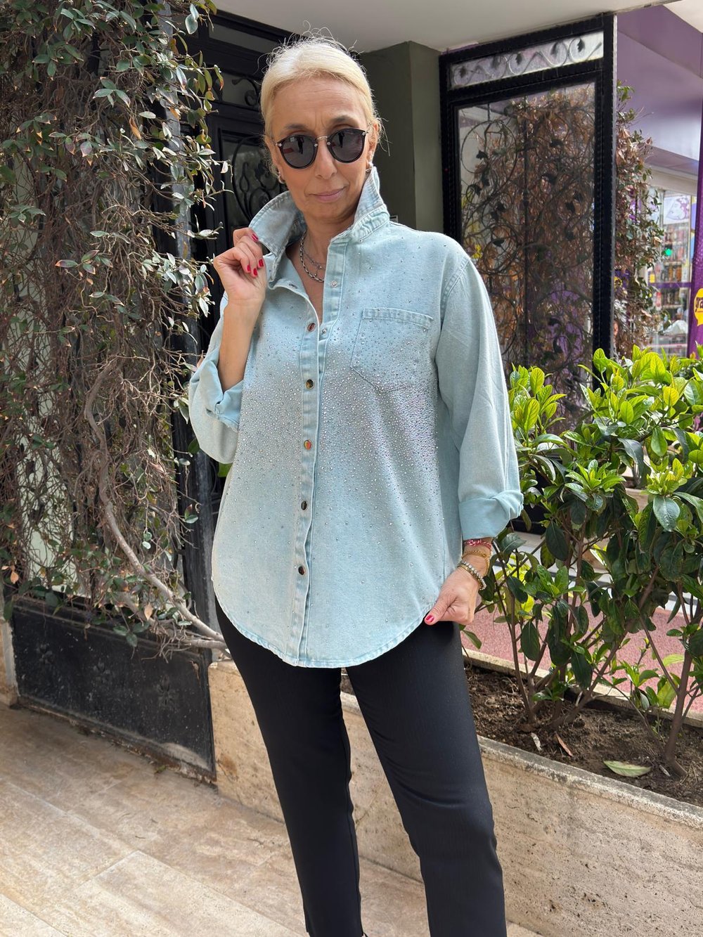 Taşlı Jeans Kot Gömlek