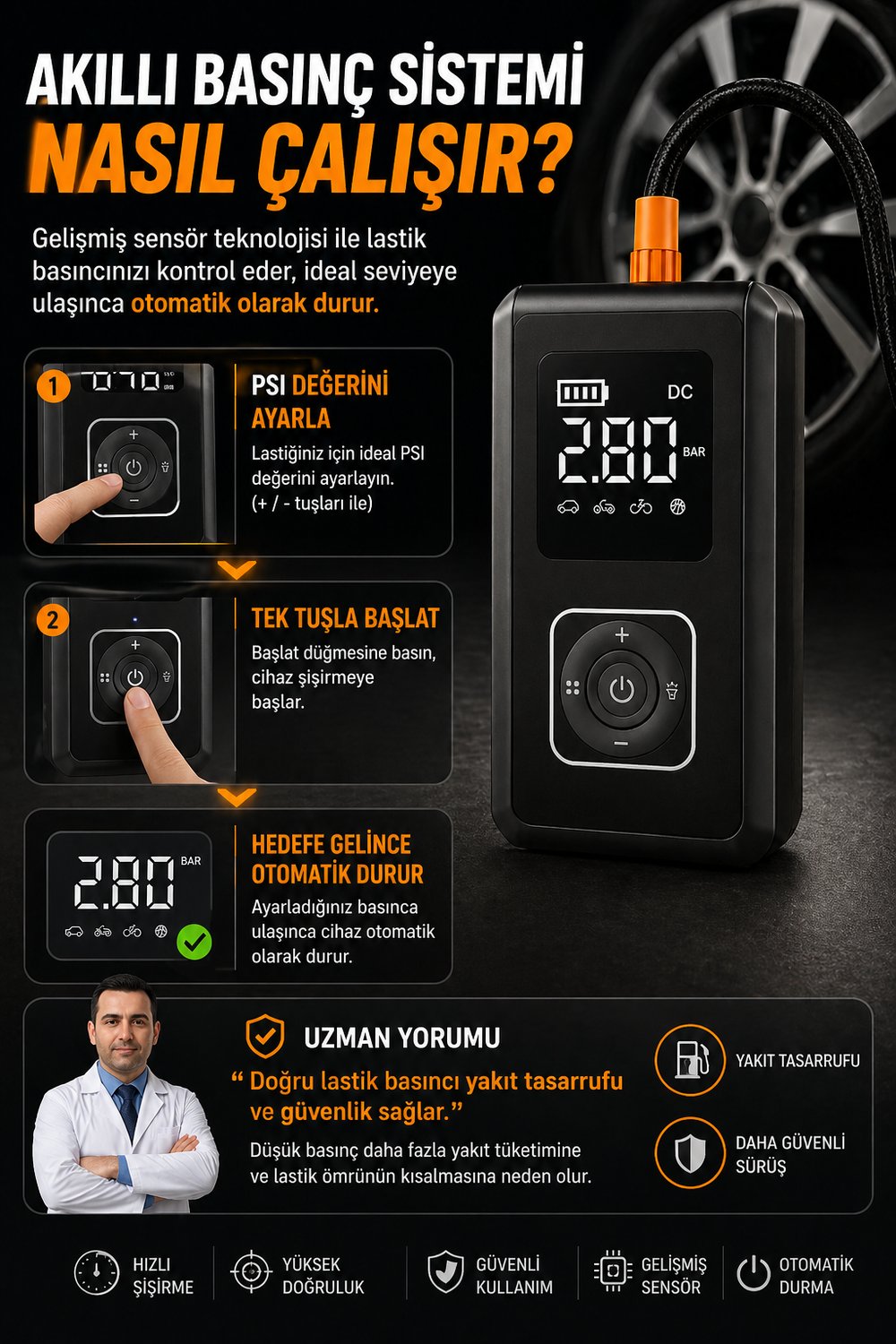 Araç Pompası, Akü Takviyesi, Fener, Powerbank Özellikli, Taşınabilir Kompresör, Araç Pompası