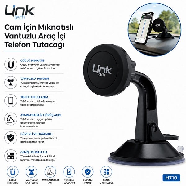 Cam İçin Mıknatıslı Vantuzlu Araç İçi Telefon Tutacağı  (LinkTech H710 )