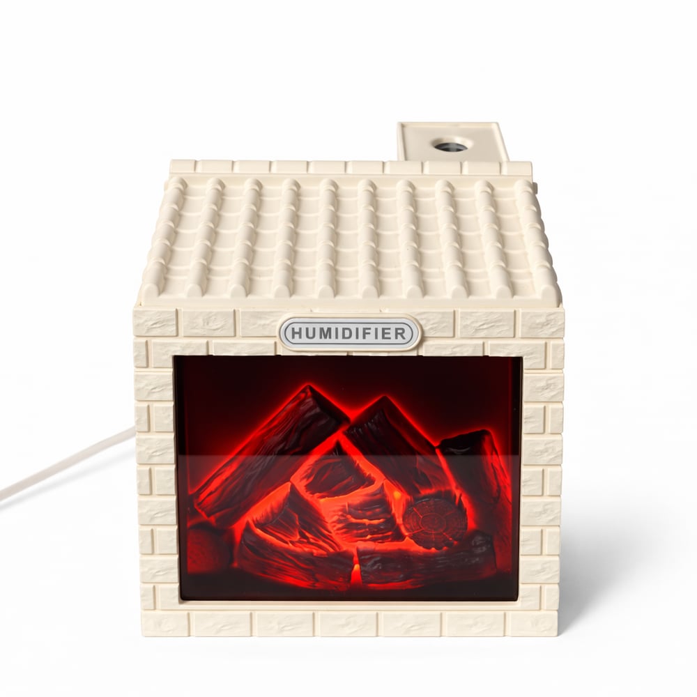 Ferro E354 Kömür Evi Tasarımlı Gece Lambalı Sessiz 200ML LED Işıklı Mini Hava Nemlendirici Oda Kokusu Krem