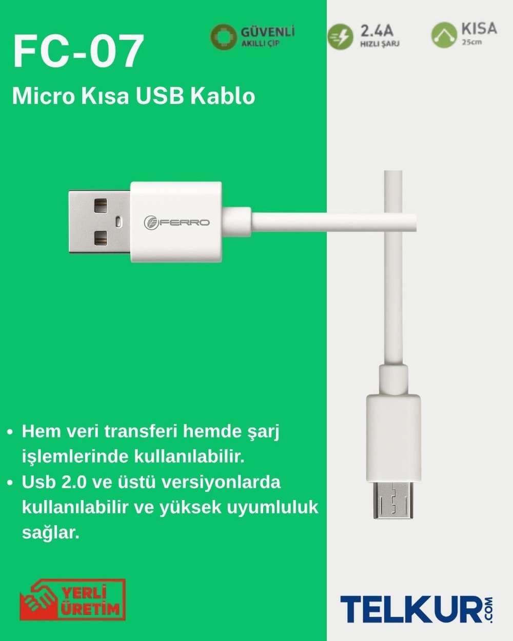 FERRO FC-07 Android Modeller İçin Uyumlu Micro Powerbank Hızlı Şarj ve Data Kablosu 0,25cm