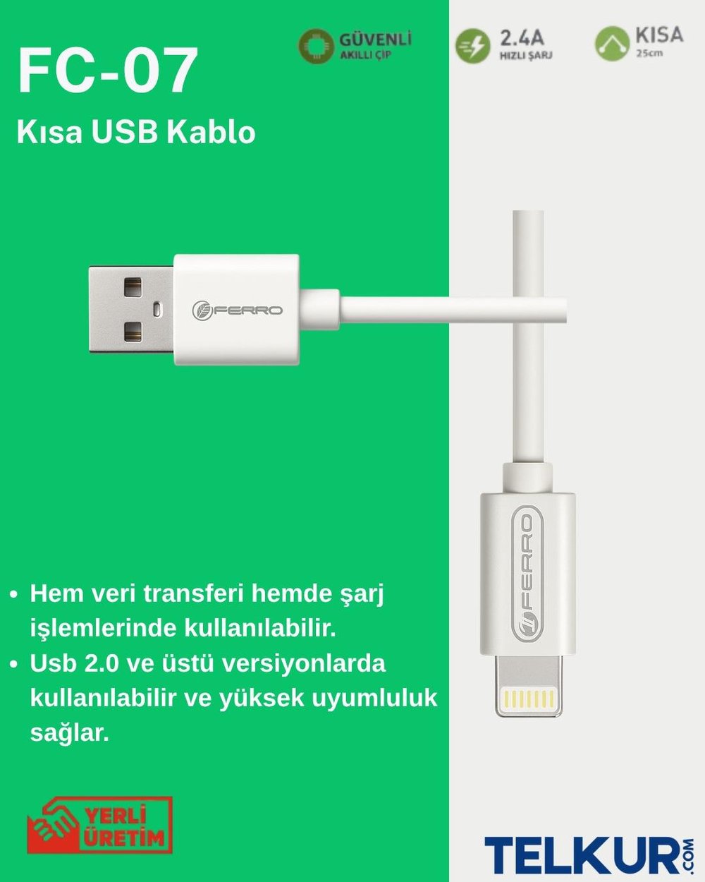FERRO FC-07 IPhone Modeller İçin Uyumlu Lightning Powerbank Hızlı Şarj ve Data Kablosu 0,25cm