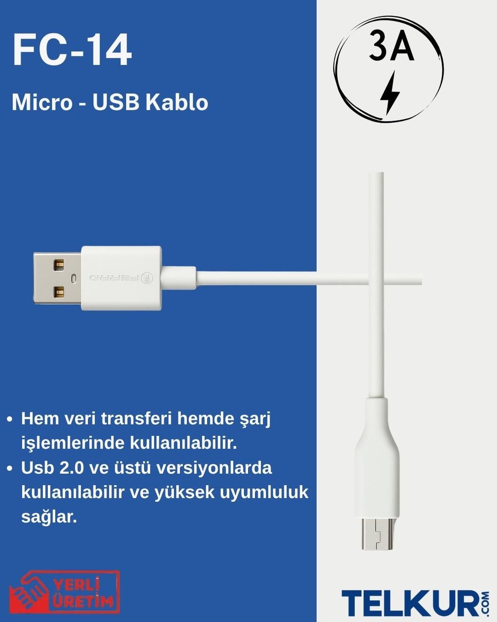 FERRO FC-14 Usb & Micro  Hızlı Şarj ve Data Kablosu 3.0 Amper